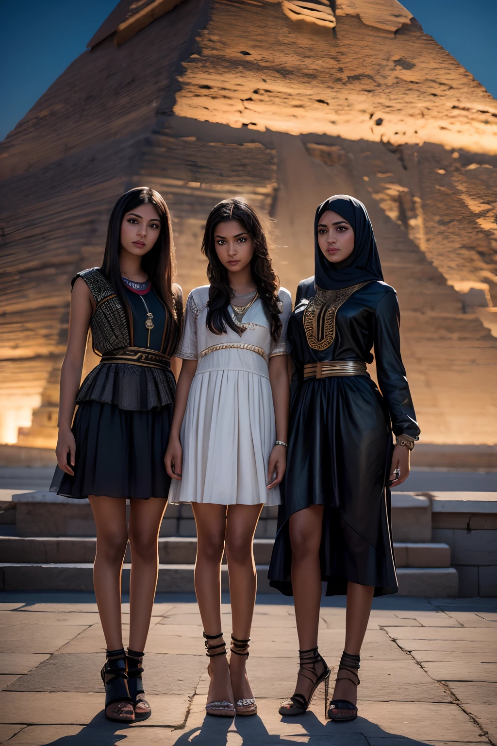 3 young Egyptian girls, Giza Pyramids  , wear regional clothes, evening, insanely detailed realistic skin texture, accurate hands, accurate eyes, An anatomically correct depiction of the human body, absurd res, hyper detailed, radiosity, physically based rendering, Unreal Engine, by Canon EOS 5D Mark4 and SIGMA Art Lens 35mm F1.4 DG HSM, F8, ISO 200