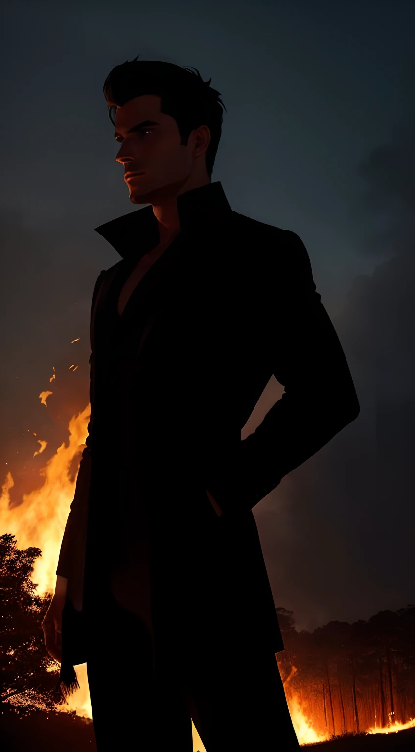 imaginar : closeup of a silhouette of a shirtless young villain, in black pants and black overcoat, seu corpo imana fogo e nevoa sombria. No fundo, a black forest and tall trees, fire and smoke, faiscas de fogo, and a gloomy haze around the site, smoke billowing, cinzas, pesadelo, cores mais escuras e quentes.