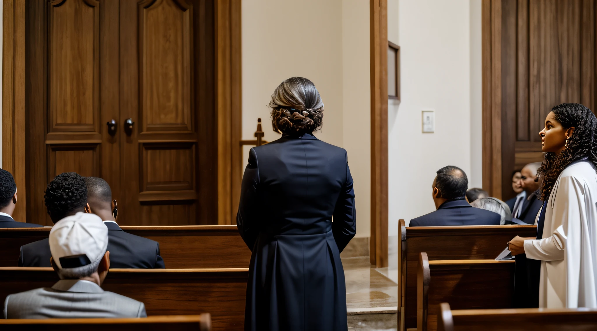 Crie um pastor falando no microfone, dentro de uma igreja, muitas pessoas, a woman standing at the door listening to the preaching
Waiting to get started