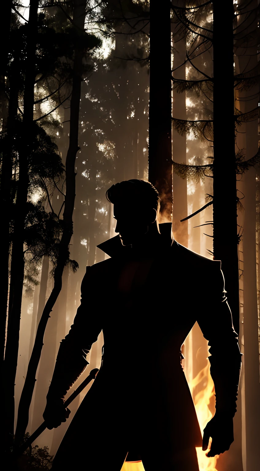 imaginar : closeup of a silhouette of a shirtless young villain, in black pants and black overcoat, seu corpo imana fogo e nevoa sombria. No fundo, a black forest and tall trees, fire and smoke, faiscas de fogo, and a gloomy haze around the site, smoke billowing, cinzas, pesadelo, cores mais escuras e quentes.