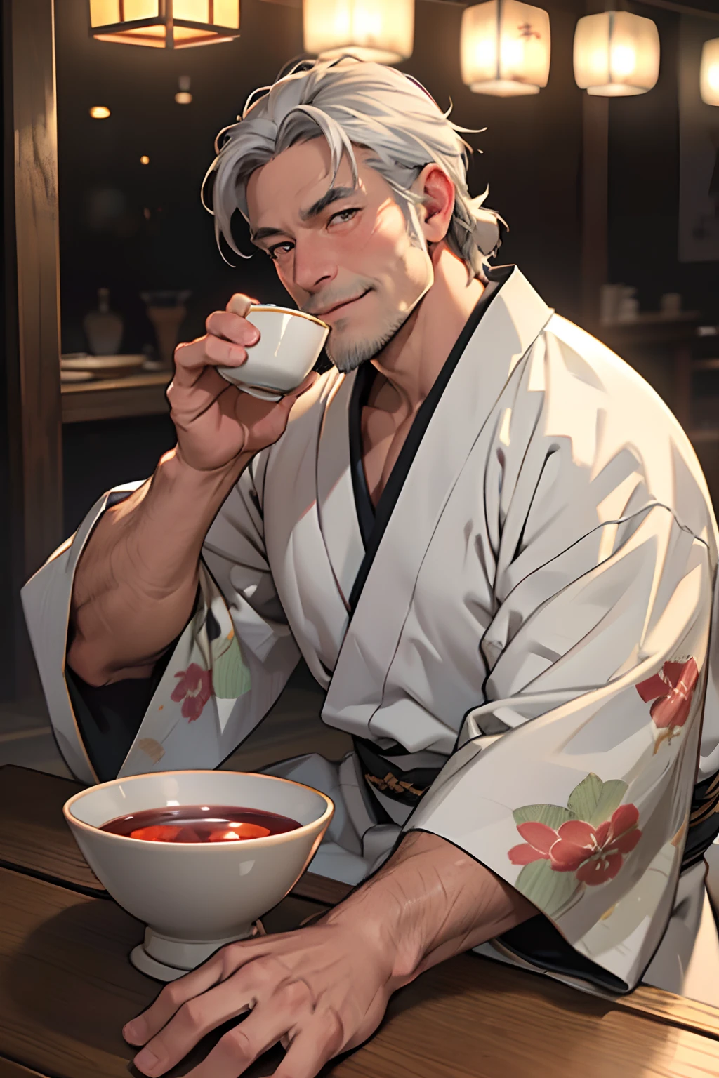 (highres:1.2),handsome (older) middle aged man,casual kimono,sitting at a table drinking sake,warm smile,blushing,anime style, stubble, (wrinkles), swept-back gray hair, perfect detailed eyes, hairy body, gray body hair, vivid colors,soft lighting