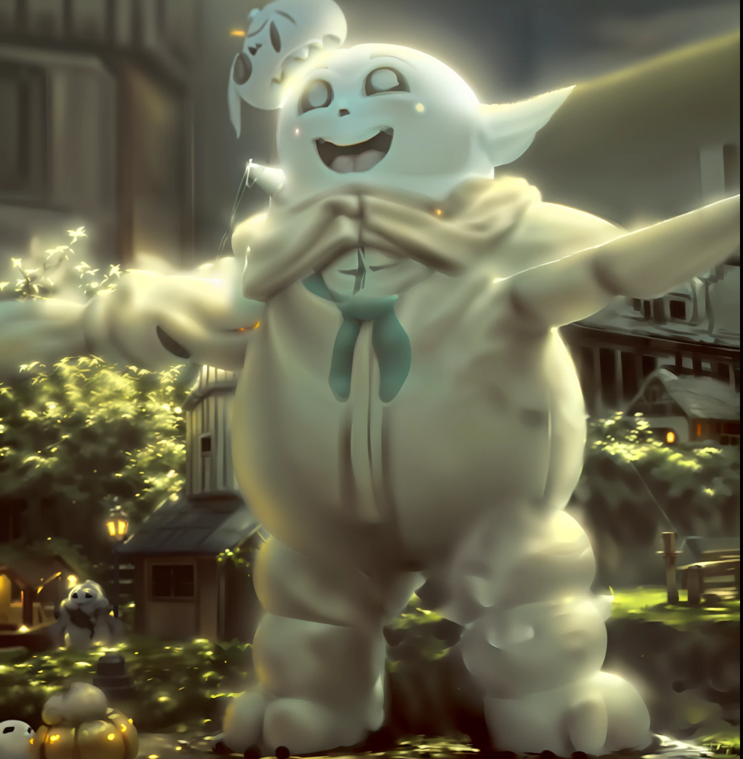 araffe inflatable in a yard with a pumpkin and a house, stay puft marshmallow man, ghost busters, casper the friendly ghost, frosty, slimer, ghostbusters, inflatable, baymax, twisty, full costume, from , ghostbusters illinois, costume, baymax from big hero 6, misty, medium closeup, large)}], closeup photo, fuzzy ghost, howard