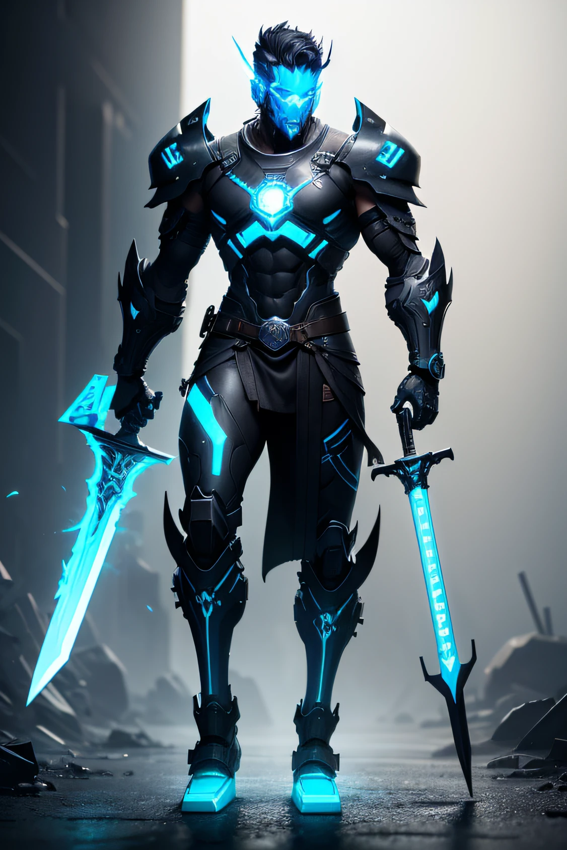 Redesign a male robot with traces on its body of neon blue and black Carrto style a blue energy Viking axe and a black metal medieval sword a gun in each hand
