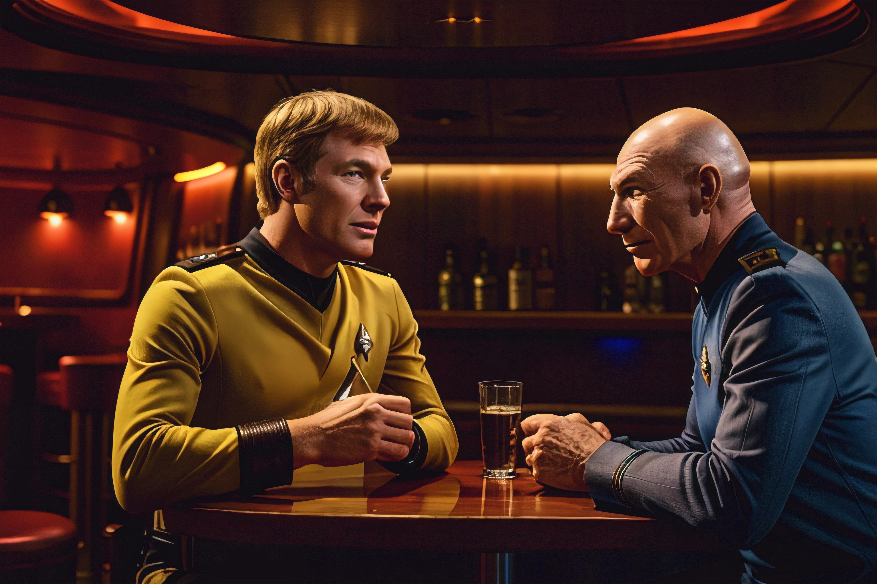 photo of Captain Kirk and Captain Picard talking in a bar on a space-station, sitting, crowd, dynamic lighting, detailed, high quality, high resolution, 8k, high saturation