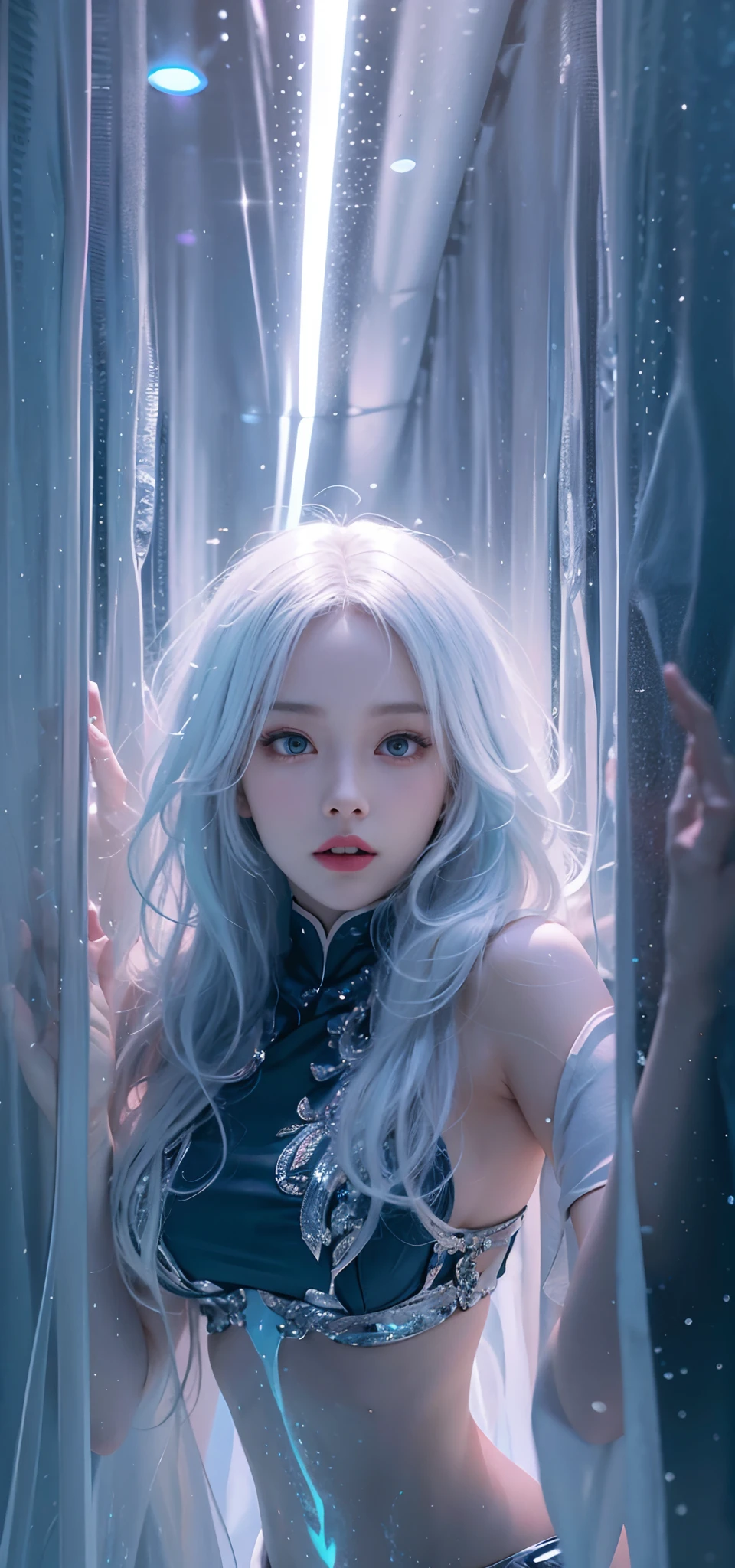 big breasts beautiful, married woman, In the crystal and ice zone, drifting snow, Gradient hair, White hair, blue hairs, Long hair, eyes reflection, disdain, Ray traching, reflective light, bblurry, Glowing light, depth of fields, lightand shade contrast, stereograms, zoom layer, cowboy lens, f/2.8, Bokeh, tmasterpiece, best qualtiy, high qulity, k hd,Bigchest,Big breasts Thin waist,long leges,nakeness,比基尼,standing on your feet,Bare lower body,Bare breasts