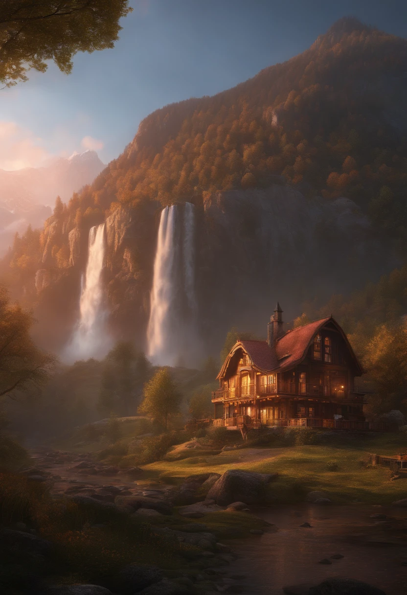 (best quality,4k,8k,highres,masterpiece:1.2),ultra-detailed,(realistic,photorealistic,photo-realistic:1.37),HDR,UHD,studio lighting,ultra-fine painting,sharp focus,physically-based rendering,extreme detail description,professional,vivid colors,bokeh,chroma V5, steampunk, analog style, a beautiful house surrounded by delicate pink trees in a picturesque mountain, a stunning and realistic waterfall in the background, with a beautiful and majestic sunset, concept art, illustrations by Greg Rutkowski and Albert Bierstadt, trending on ArtStation, oil painting, octane rendering, cinematic