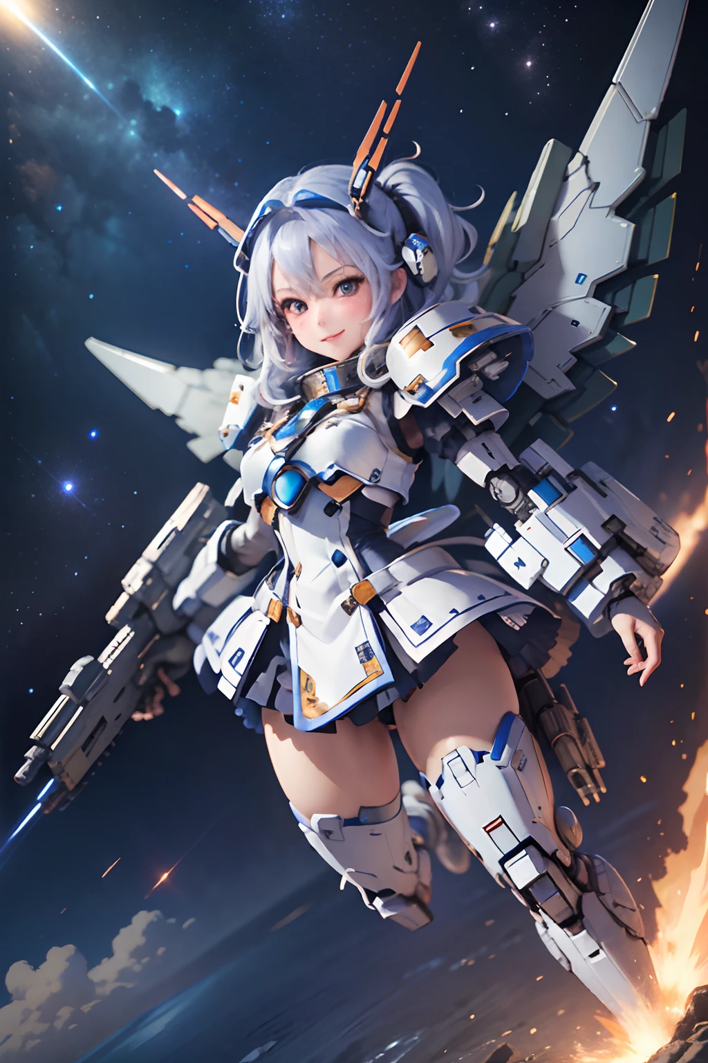 masterpiece,top-quality,ultra-detailliert,very detailed illustration,ighly detailed,intricate-detail,hight resolution,super complex details,Highly detailed 8k CG wallpapers, mecha musume, machine components, Robot Joint, head gear, 1girl in,独奏, mecha musume, red blush,is standing,cowboy shot, starryskybackground, Background with, Shining black metallic armor、Symmetrical Full Armor、Symmetrical mechanical wing、Funnel mounting、highleg, A smile,Being in the air、are flying、Holding a beam rifle and firing in flight、Sniping with a beam rifle in flight、