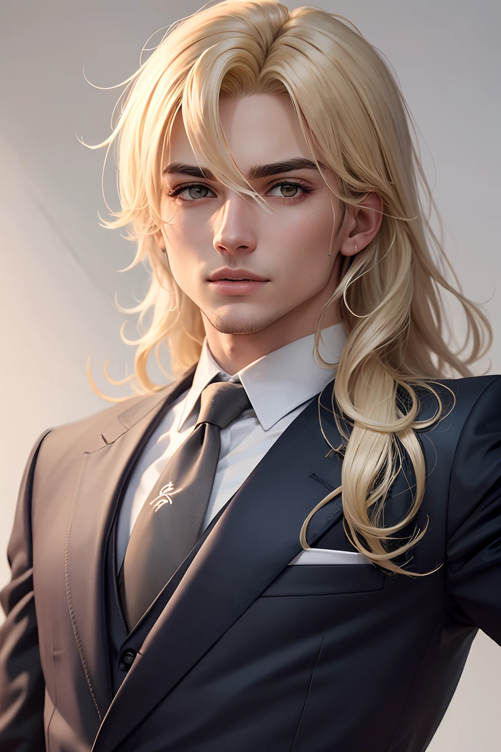 ChristiaAOT, 1rapaz, sozinho, sorrir, cabelo entre os olhos, olhos azuis, blonde hair, suit jacket, medium hair,