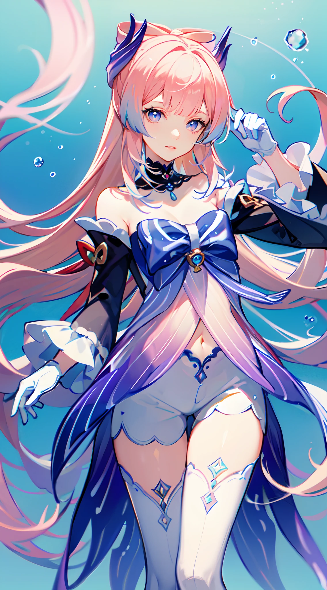 genshin_impact sangonomiya_kokomi commentary highres 1girl arm_up armlet bikini blue_eyes blue_hair blush bow-shaped_hair breasts colored_tips covered_nipples halterneck hand_up long_hair medium_breasts multicolored_hair navel partially_submerged pelvic_curtain pink_eyes pink_hair see-through_swimsuit slingshot_swimsuit solo stomach swimsuit thigh_strap water white_bikini wristband