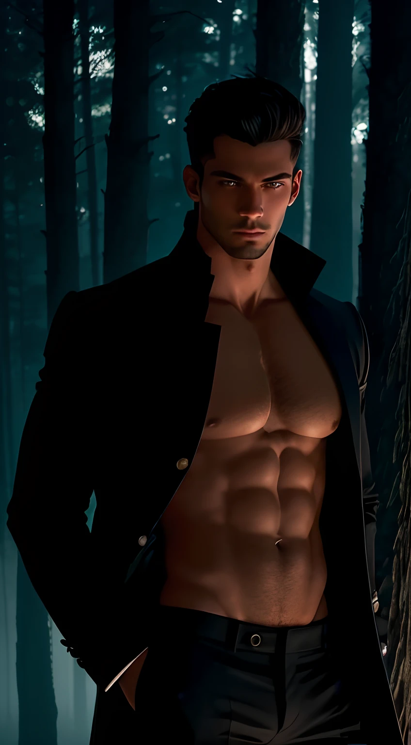 imaginar : closeup of a silhouette of a shirtless young villain, in black pants and black overcoat, seu corpo imana fogo e nevoa sombria. No fundo, a black forest and tall trees, fire and smoke, faiscas de fogo, and a gloomy haze around the site, smoke billowing, cinzas, pesadelo, cores mais escuras e quentes.