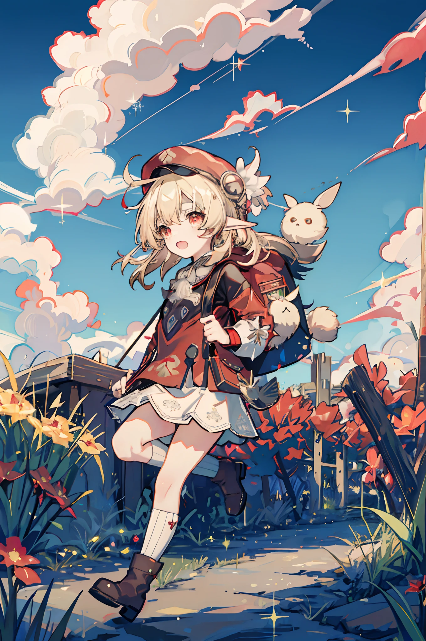 1 *********** solo, chibi, blond hair, red eyes, elf ears, red hat, red dress jacket, white lacy skirt, brown boots, backpack, happy, running in a green flowers field, blue sky, white clouds, sunny day, rays of sun, sparkles and glitter