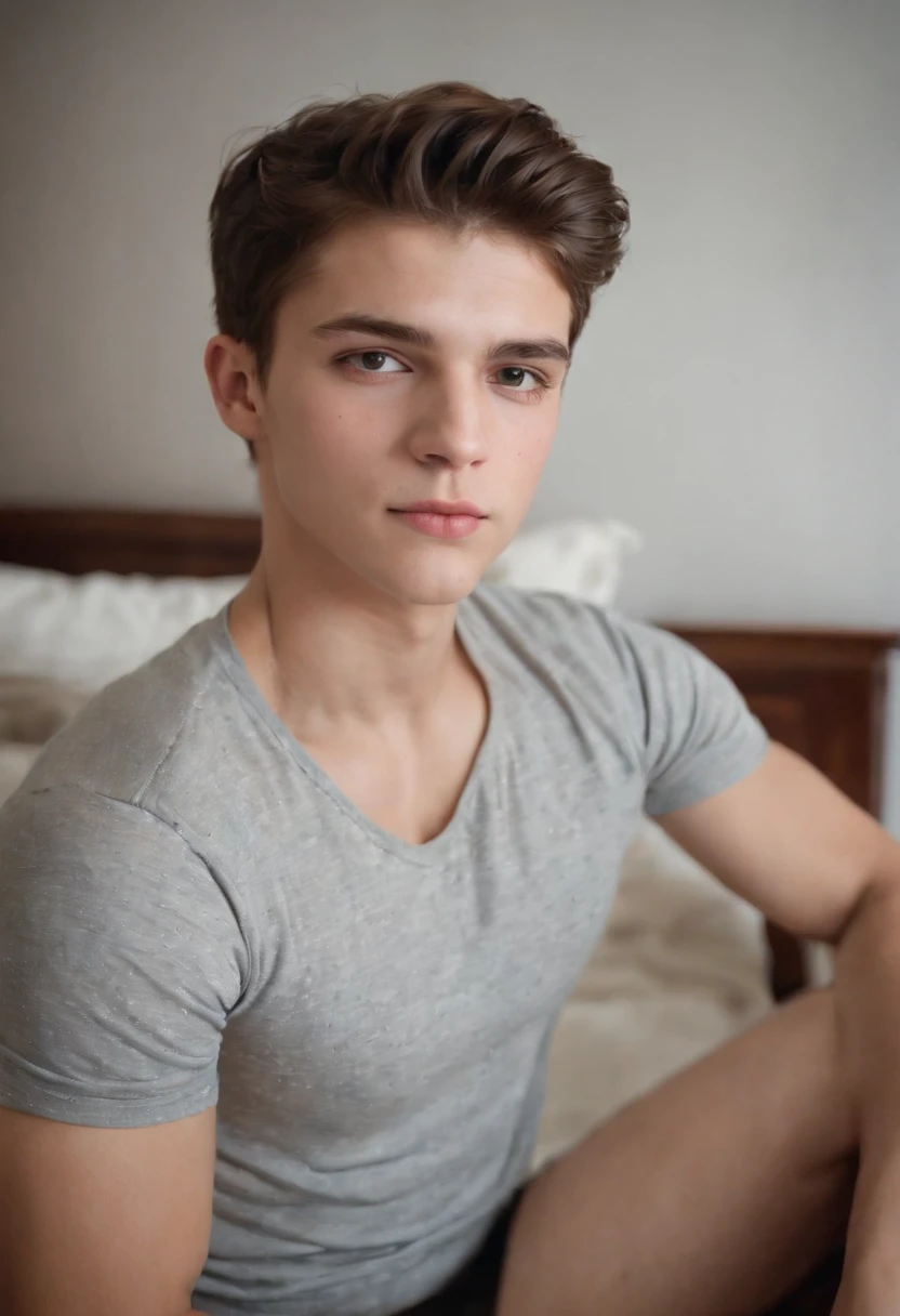 1 young man, 30 years old, short brown hair, quiff, light-medium skin, slim body, white long sleeve shirt, open shirt, unbuttoned shirt, arms outstretched, spread arms, t pose, tied, bondage, pain, night, dark room, upper body shot, dark background, wall background