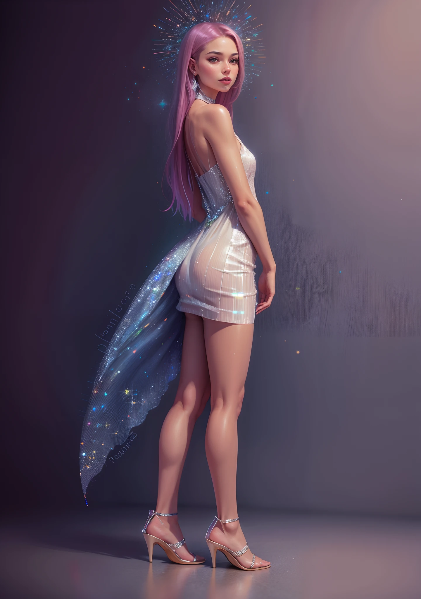 uma mulher em um vestido rosa lantejoulas e saltos altos, vestido curto, Back view, lantejoulas embelezadas, Lantejoulas, voltar - ver, vestido de glitter, vestido com um vestido rosa, usando um vestido cintilante, back view also, vestido rosa, side view, vista lateral, lado - vista, vestido cintilante de diamante, usando um vestido de coquetel glitter dress