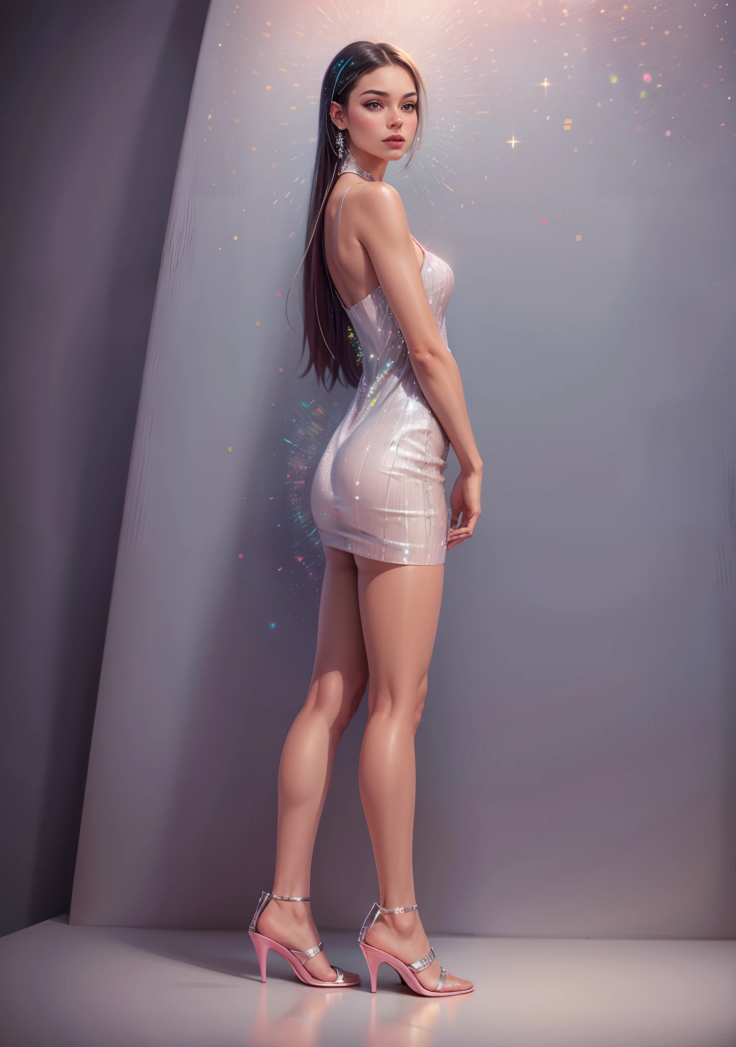 uma mulher em um vestido rosa lantejoulas e saltos altos, vestido curto, Back view, lantejoulas embelezadas, Lantejoulas, voltar - ver, vestido de glitter, vestido com um vestido rosa, usando um vestido cintilante, back view also, vestido rosa, side view, vista lateral, lado - vista, vestido cintilante de diamante, usando um vestido de coquetel glitter dress