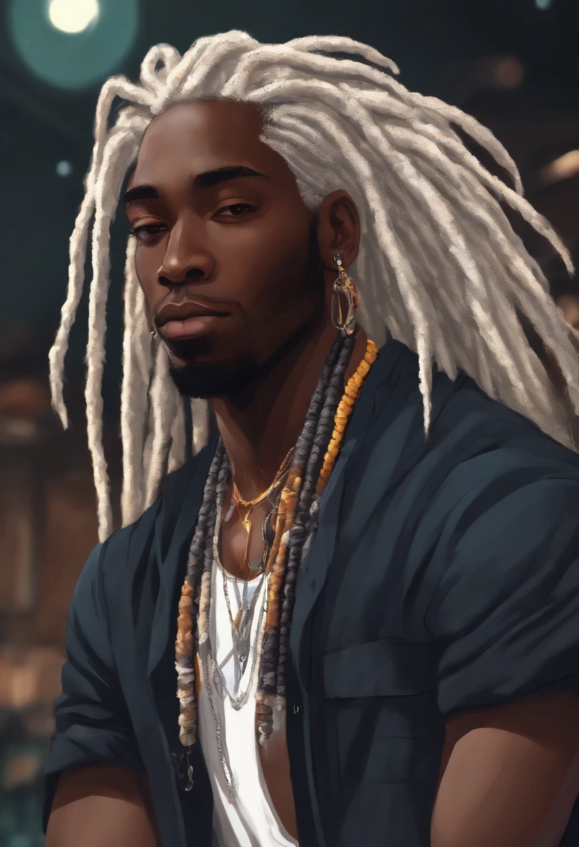 It&#39;s a man. Her hair is styled in long white braids that cascade down her shoulders.. His skin tone is dark and he wears gold earrings that catch the light.. he looks like he&#39;s 2. Masculine and fine features. He's dressed in a white outfit. The background is minimalist, featuring a patterned wall that provides a subtle backdrop to the theme. The young man&#39;s gaze is directed to the side and he has a serious expression on his face.. He&#39;s like a Greek demigod. 2D Art