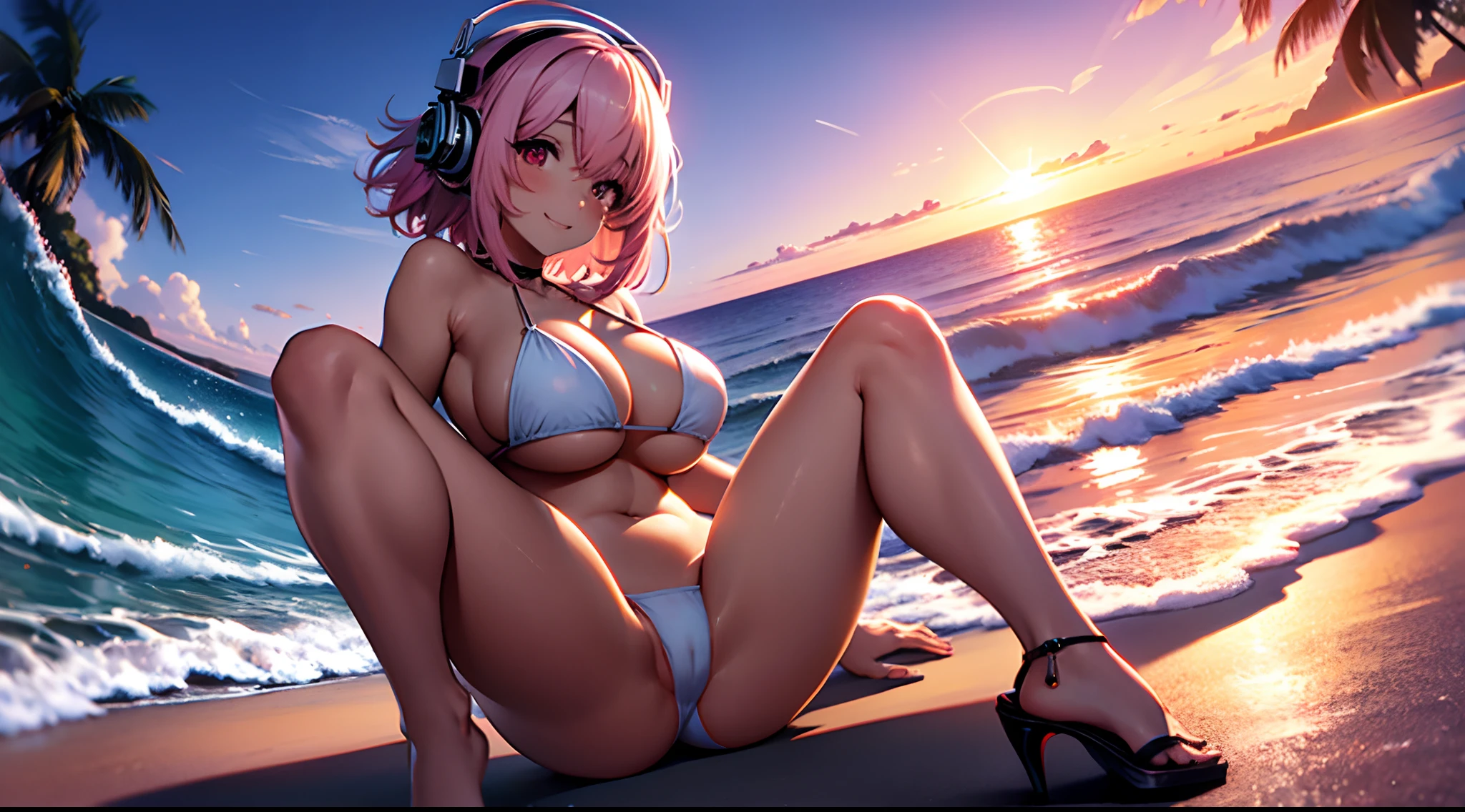 an attractive woman, naked girl, super sonico, solo, happy face, pink short bob hair, long breasts, huge breasts, Pose that shows off the armpits, raise her elbows higher than her head, open her legs wide, half sitting posture, siting on a white beach ball, large hip, navel, blush, spread legs, dark red eyes, looking at viewer, cleavage, Laughter, white bikini, Both elbows are higher than the head ,whole body, No artifacts, only sea waves and vivid sunset horizon background, Plump, Backlit, vivid pink  shadow, vivid purple shadow, the body from the side, raise her heels, Composition looking down from the head from a close distance, fisheye lens effect, Fill the screen from head to toe, put your toes in the screen