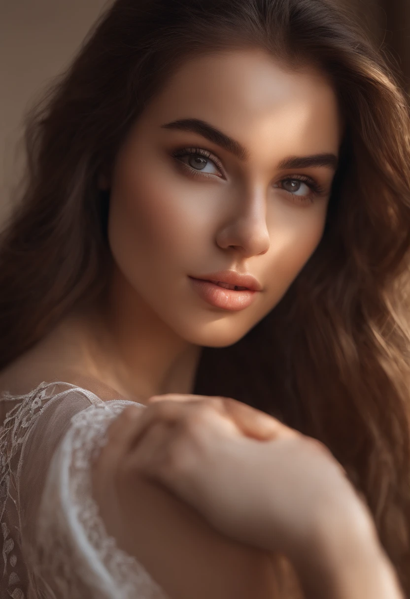 arafed woman fully , sexy girl with brown eyes, ultra realistic, meticulously detailed, portrait sophie mudd, brown hair and large eyes, selfie of a young woman, dubai eyes, violet myers, without makeup, natural makeup, looking directly at the camera, face with artgram, subtle makeup, stunning full body shot kneeling on bed, in bedroom, medium to large size bust, with a white dress