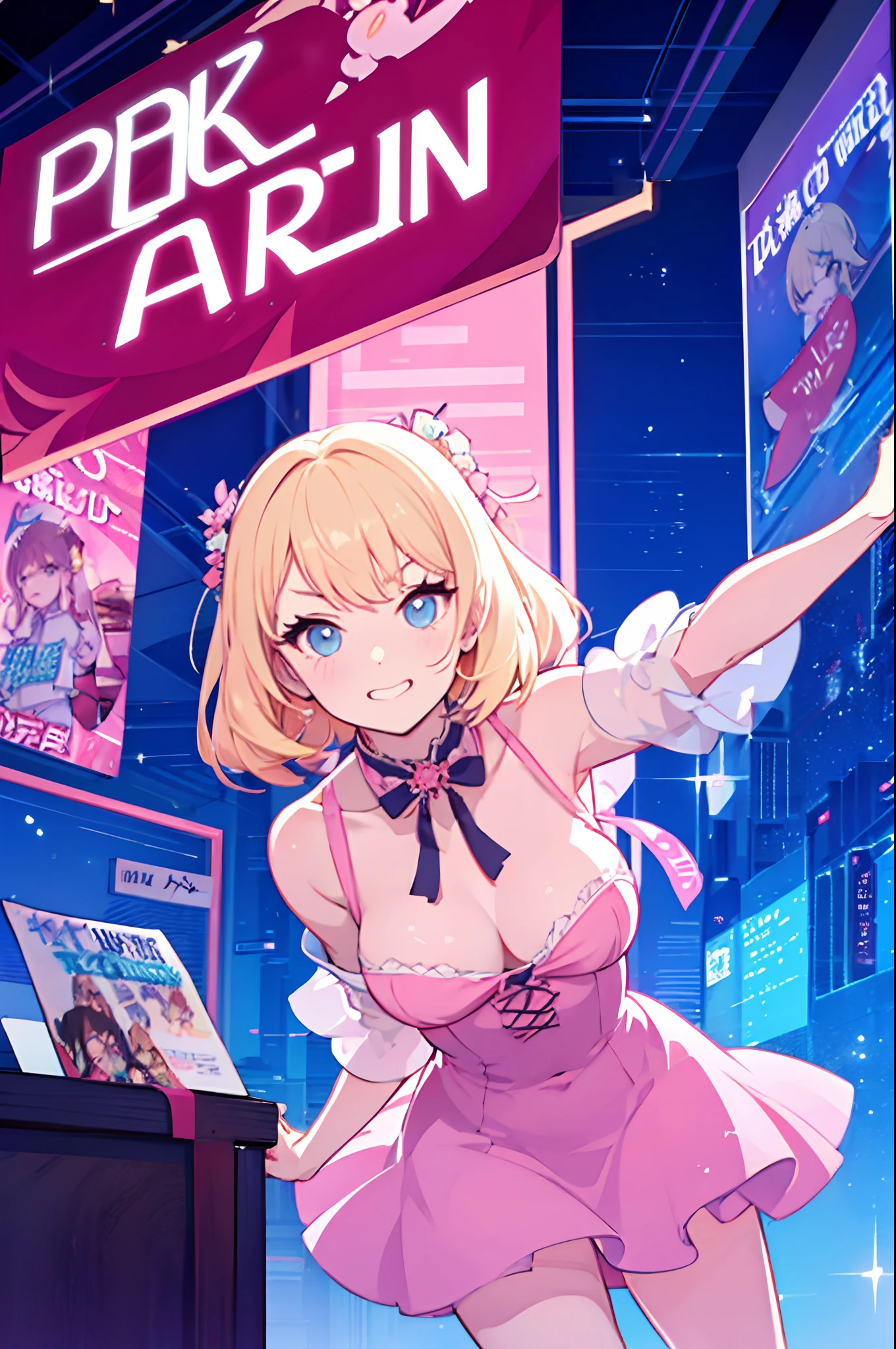 blond stripper bimbo girl in a pink dress, posing dramatically, cute pose, movie poster