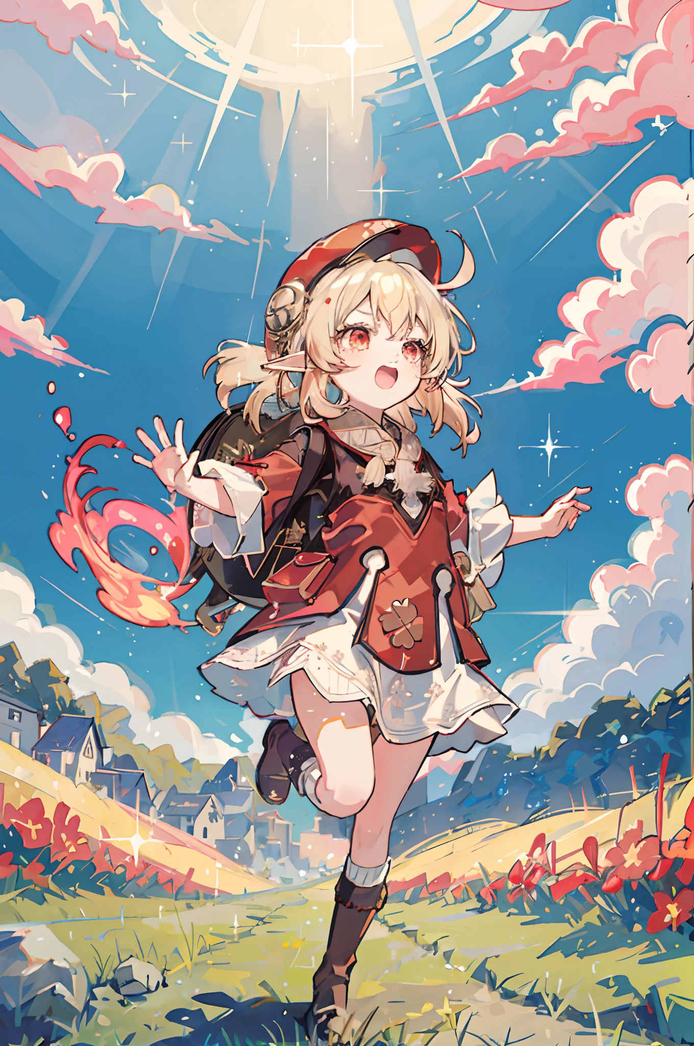 1 solo, chibi, blond hair, red eyes, elf ears, red hat, red dress jacket, white lacy skirt, brown boots, backpack, happy, running in a green flowers field, blue sky, white clouds, sunny day, rays of sun, sparkles and glitter