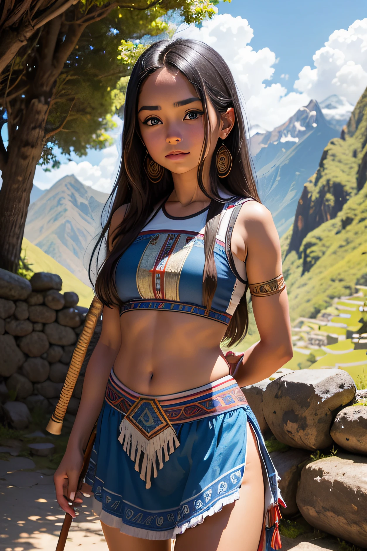 {{full color}}, {{medium shot}, tight framing}, (side by side), {(three) (young american indian girls), anime style, petite, cute}, {wearing (earth-colored bikini lingerie), (long gloves), (cotton scarf), (feather headdress)}, evil smile, (hair tied), (looking visualizer), {slender figure, mayoral anatomy}, {arms behind back, hidden hands}, {(face painting), (body painting), lot of (tribal tattoos)},  (skin pores, skin texture, subsurface scattering), (absurd), (masterpiece, best quality, ultra thin), (hyper detailed, beautiful face detailed, insanely detailed skin, insanely detailed resolution, ultra texture, perfect detailed face, sharp focus, blurred, clarity, sharp, octane render, unreal engine, low iso, sharp edges), (cinematic color classification, photorealistic, ultrarealistic, sunny landscape in daylight, natural lighting,  HDR), (DOF, bokeh, atmospheric)