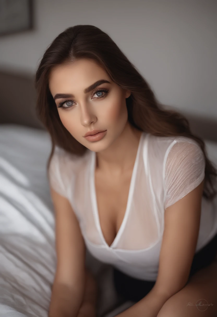 arafed woman fully , sexy girl with brown eyes, ultra realistic, meticulously detailed, portrait sophie mudd, brown hair and large eyes, selfie of a young woman, dubai eyes, violet myers, without makeup, natural makeup, looking directly at the camera, face with artgram, subtle makeup, stunning full body shot kneeling on bed, in bedroom, medium to large size bust