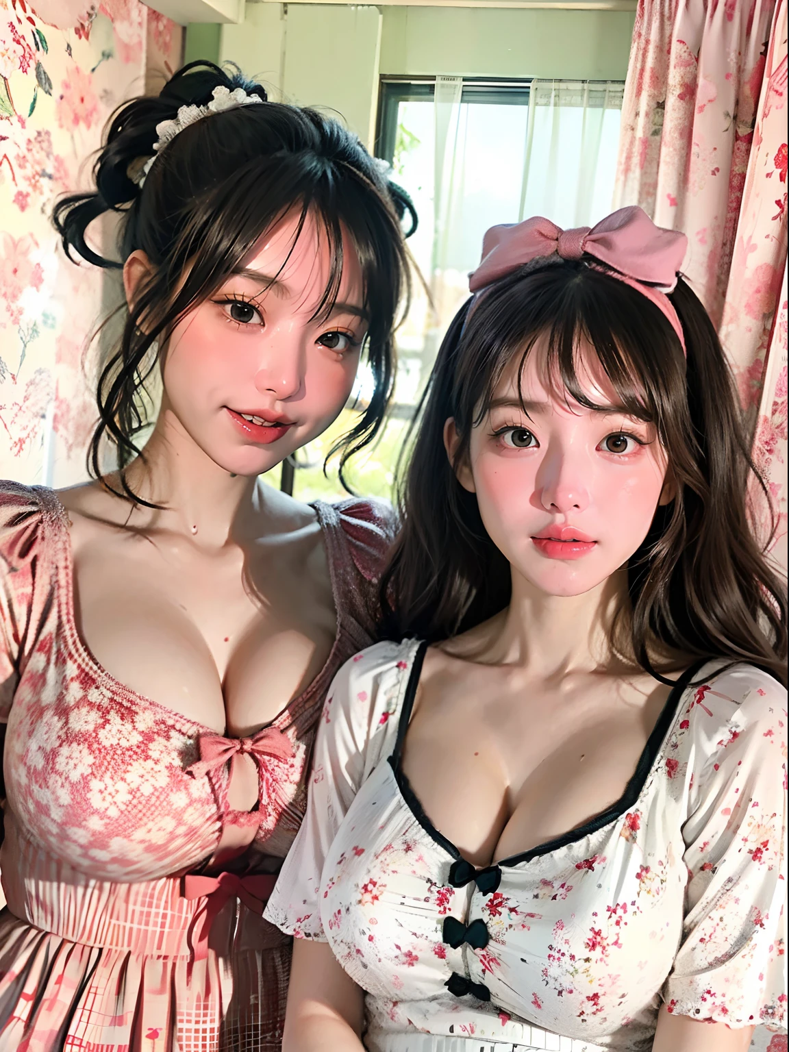 2 girls、Young features、with round face、Round jaws、Crying、Plump cheeks、embarrassed from、red blush、with a flushed face、A dark-haired、length hair、Sauce order、big eye、Dark eyes、Gentle expression、Looking over here、young and white skin、Soft skin、Huge breasts、cleavage of the breast、Mole on the chest、plump figure、fantasy worlds、realisitic、Photorealsitic、Highly detailed ambient occlusion、超A high resolution, A hyper-realistic, Highly detailed、depth of fields、Soft light、indirect lighting、Photo、Soft shading、Calm palette、Red floral dress、Head dress、girl's own room、Pink heart pattern wallpaper、Red floral curtains、frilld、bow ribbon