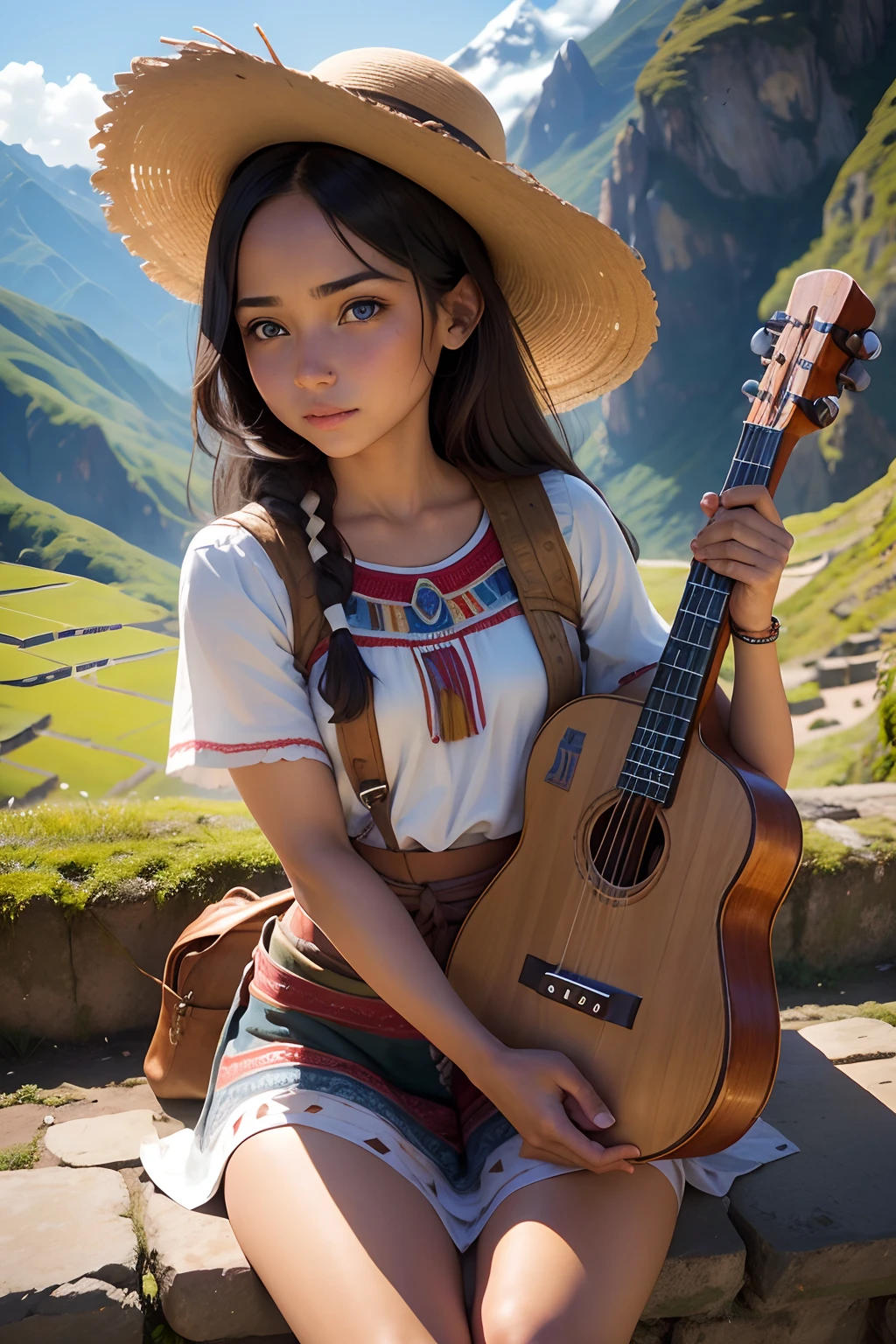 A realistic photograph of a beautiful girl with blue eyes, latina, morena, They are outdoors in Machupichu, El cielo es azul, They are smiling, She has a small waist, She is in Native American Indian short clothing, The girl is a musician, The girl is playing a quena flute, La quena es una flauta, The quena is made of a single piece of wood, La quena tiene 6 agujeros para los dedos, The girl is between two trees, The girl is near a lake, Sin dedos adicionales, Sin manos adicionales, Sin brazos adicionales, Symmetrical pupils