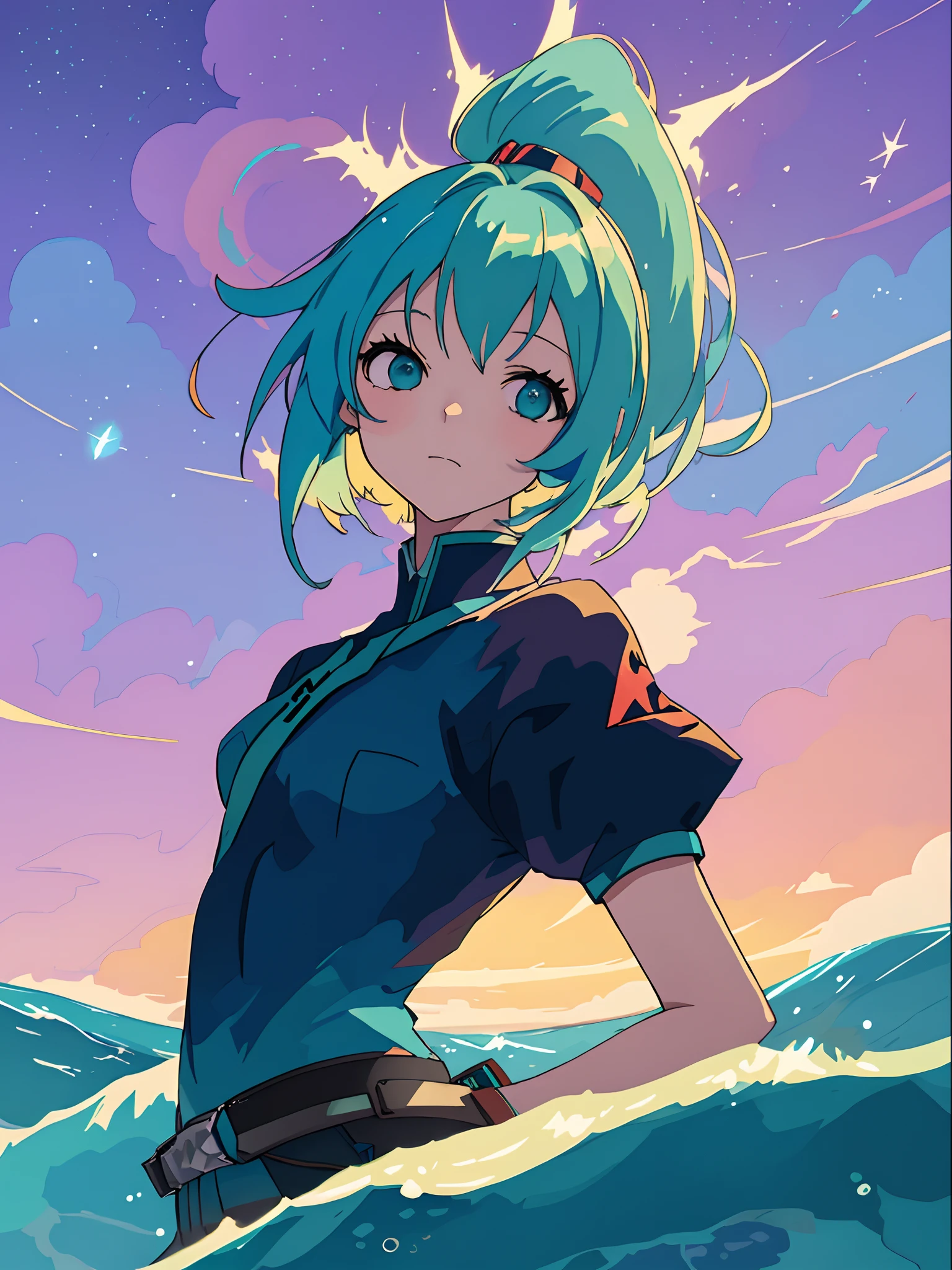 Anime girl with blue hair and green hair, standing in the ocean, hatsune miku short hair, hatsune miku portrait, anime girl with teal hair, anime moe artstyle, official arts, Miku, hatsune miku portrait, high quality anime artstyle, portrait knights of zodiac girl, mikudayo, portrait anime space cadet girl, Author: Puru