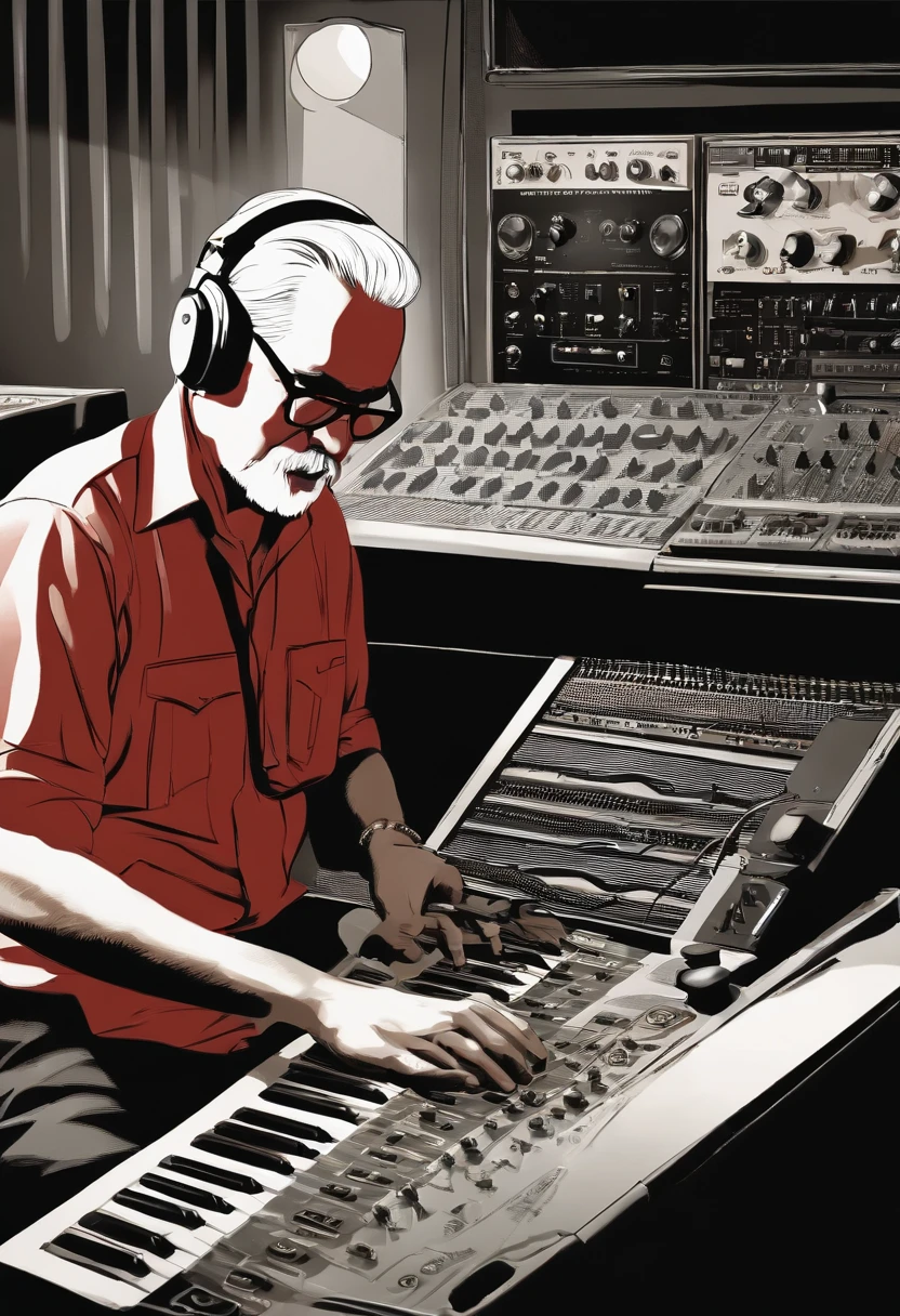 there is a 50 years old music producer man with very short white beard, short white hair, (slightly overweighted), with glasses, sitting at a desk with a keyboard and headphones, keyboardist, in his basement studio, using synthesizer, tredning on art station, sitting at desk at keyboard, playing techno house music, tranding on art station, mixing, music being played, jamming to music, stunning illustration by Milton Caniff, duotone, two colors, black and red colors, drawing, painting, ink, masterpiece