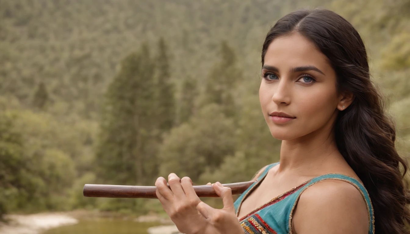 A realistic photograph of a beautiful girl with blue eyes, latina, morena, They are outdoors in Machupichu, El cielo es azul, They are smiling, She has a small waist, She is in Native American Indian short clothing, The girl is a musician, The girl is playing a quena flute, La quena es una flauta, The quena is made of a single piece of wood, La quena tiene 6 agujeros para los dedos, The girl is between two trees, The girl is near a lake, Sin dedos adicionales, Sin manos adicionales, Sin brazos adicionales, Symmetrical pupils