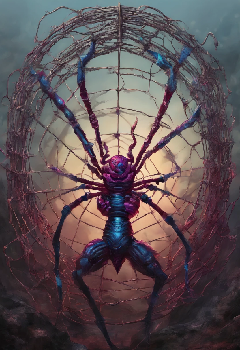 Huge metal ruby spider that is in prison a warrior in a wire web and several small silver blue , Tyler Edlin Fantasy Art, Style artistique humblewood, Illustration High Fantasy, guerrier , Surprisingly detailed D & D art