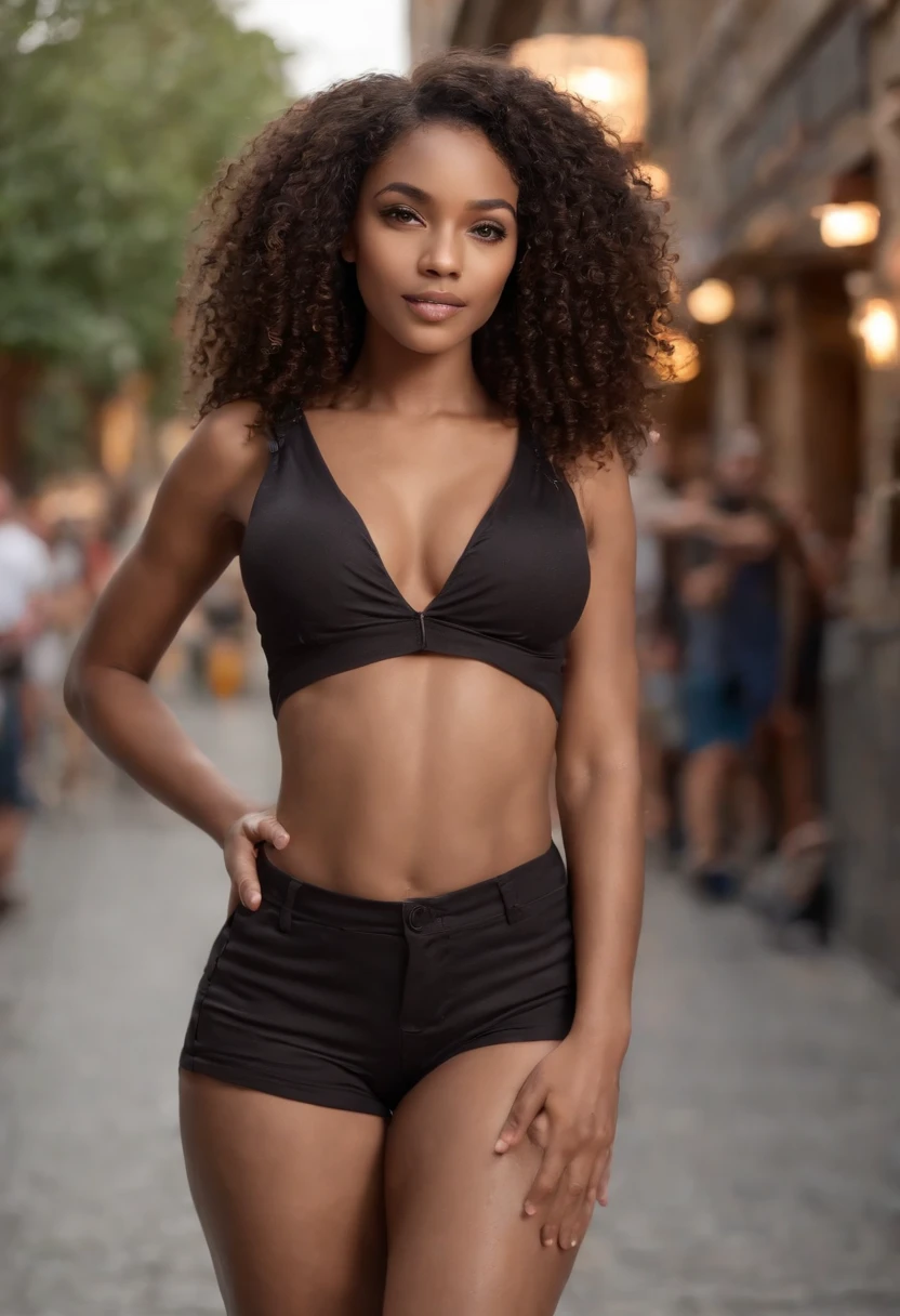 ((Dark African skin, Very deep ebony skin)), ((Its beauty is undeniable)), ((cute excited face)), ((Hyper detailed perfect eyes,)), ((pose mignonne)), ((Langue sortie)), ((Attirant )), sexy, (( Tight knit shirt, shorts courts sexy)), ((Afro curly African hair afro ponytail afro,)), (( peau)), ((debout, vue de dos )), ((toucher ses propres jambes dans une pose sexy)), (( montre bien son cul)), ((dehors, Ville publique)), CGI ciblé, Fotorrealista, High detail, Realstic, Master part, Absurde, Best quality, Hdr, highly quality, high-definition, extremly detailed, 8k wallpaper, intricate high detail, 8K UHD, Full-HD, (photo realist:1.2), contraste, intense illumination, lighting cinematic, natural lighting, hard light, contre-jour, Illumination globale, occlusion ambiante, montre bien son cul, cul parfait,