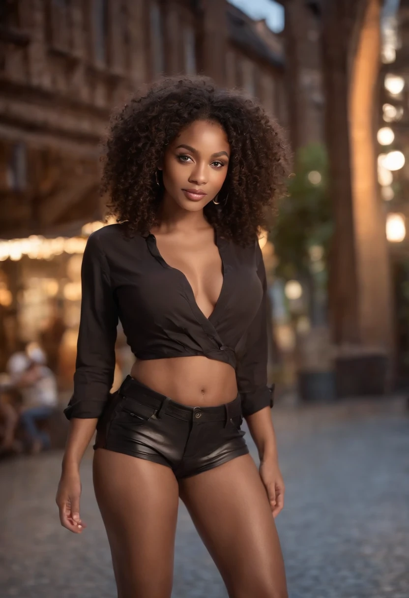 Uniforme scout, debout, Photographie fine, dark skinned, curly hair, afro, jupe, hanches larges sexy, Beau corps, Éclaireuse, Femme en uniforme scout, scout ((Dark African skin, Very deep ebony skin)), ((Its beauty is undeniable)), ((cute excited face)), ((Hyper detailed perfect eyes,)), ((pose mignonne)), ((Langue sortie)), ((attirant )), sexy, (( Tight knit shirt, shorts courts sexy)), ((Afro African long curly,)), ((Revealing belly)), ((debout, Vue de face)), ((Toucher ses propres jambes dans une pose sexy)), ((Dehors, in a nightclub)), CGI ciblé, Fotorrealista, High detail, Realstic, Master part, Absurde, Best quality, Hdr, highly quality, high-definition, extremly detailed, 8k wallpaper, intricate high detail, 8K UHD, Full-HD, (photo realist:1.2), contraste, intense illumination, lighting cinematic, natural lighting, hard light, contre-jour, Illumination globale, occlusion ambiante