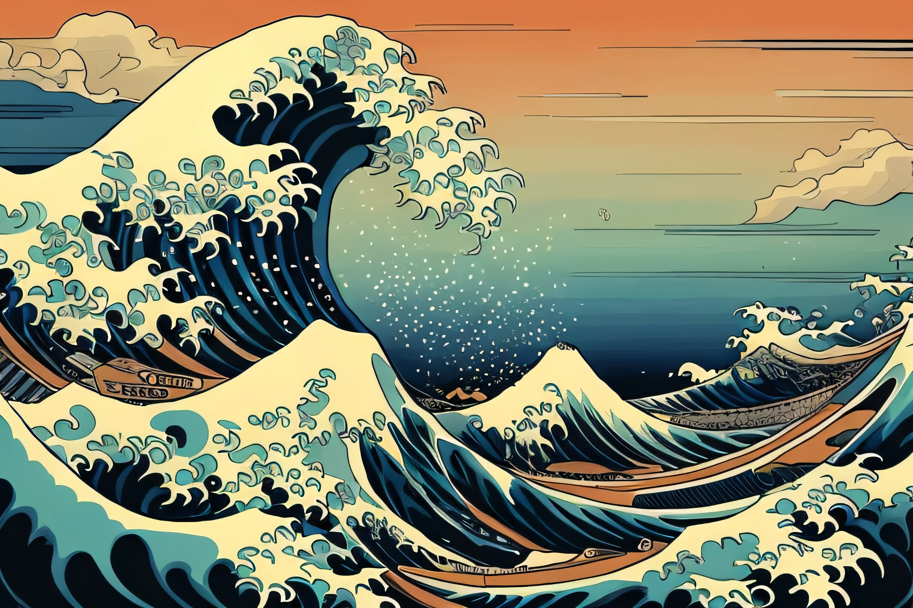 a closeup of a painting of a wave with a sky background, Grande onda de Hokusai, A Grande Onda de Kanagawa, inspirado em Katsuchika Hokusai, Grande onda fora de Kanagawa, grande onda, Estilo Hokusai, inspirado em Katsushika Hokusai, estilo katsushika hokusai, inspirado em Hokusai