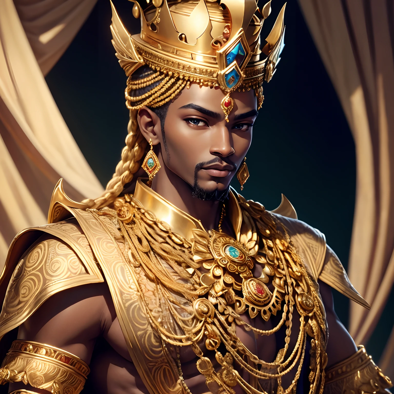 ultra-detailed,golden African king with a regal crown,ornate jewelry,exquisite traditional clothing and accessories,elaborate embroidery,proud posture,confident gaze,luminous backdrop,rich color palette,beautifully crafted textures,shimmering gold accents,and a touch of cultural heritage