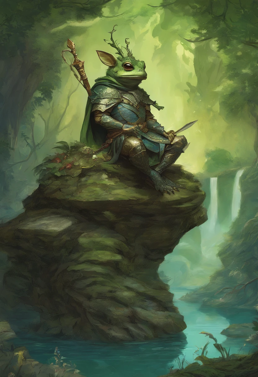 Prince grenouille sur un rocher , Tyler Edlin Fantasy Art, Style artistique humblewood, Illustration High Fantasy, guerrier , Surprisingly detailed D & D art
