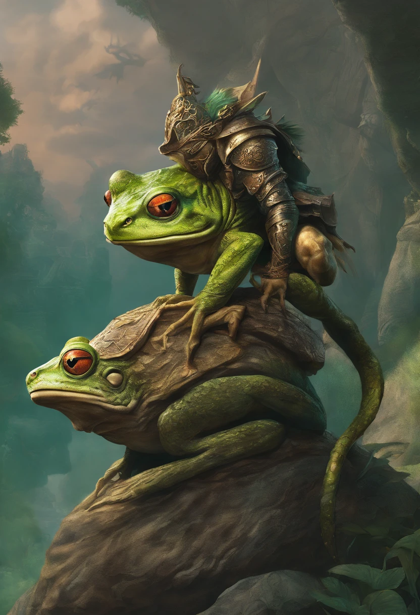 Humanoid frog in armor with two axes in his hand and a lute on his back