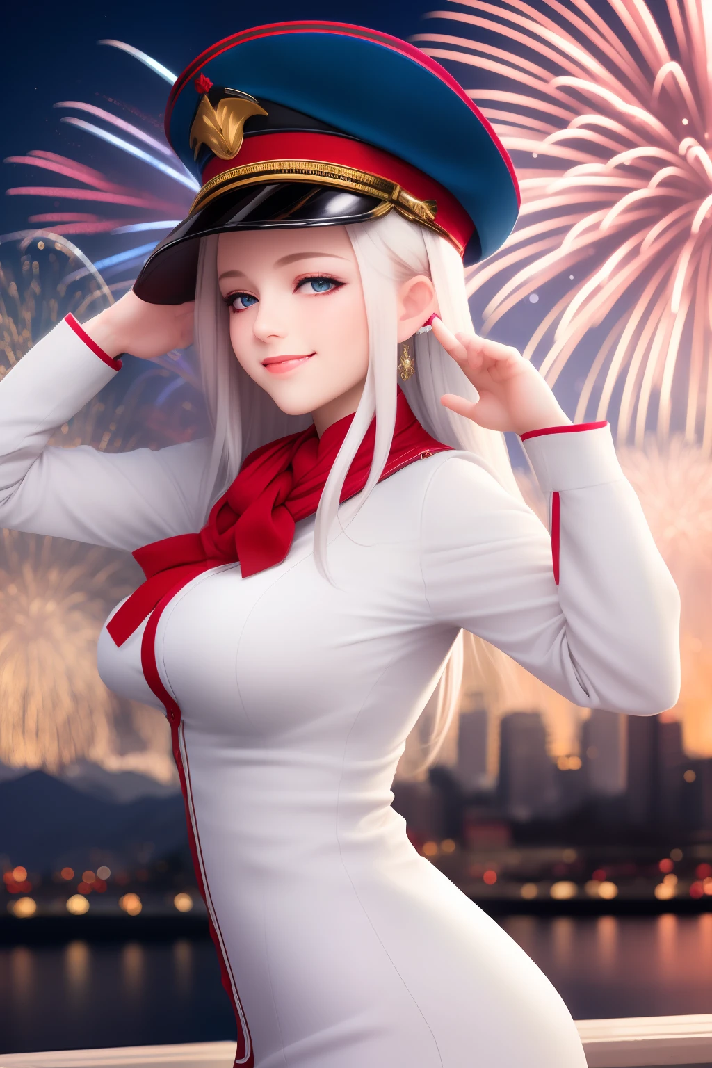 vibrant colors, girl, masterpiece, sharp focus, best quality, depth of field, cinematic lighting, ,white captain outfit, hat, long hair, white hair, red eyes, laughing, smile, medium breasts, outdoors, fireworks, salute, night sky, starry sky, city, water,