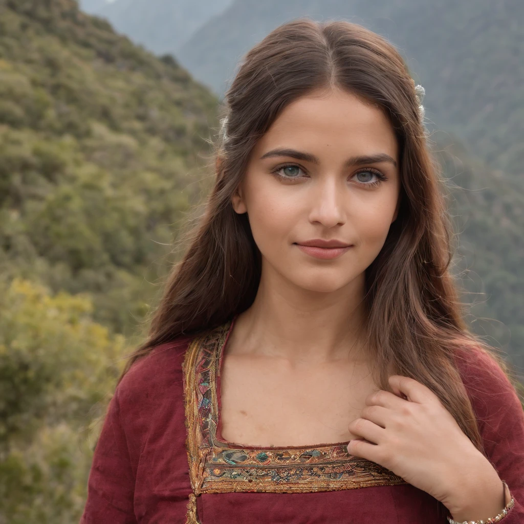 A realistic photograph of a beautiful girl with blue eyes, latina, morena, They are outdoors in Machupichu, El cielo es azul, They are smiling, She has a small waist, She is in Native American Indian short clothing, The girl is a musician, The girl is playing a quena flute, La quena es una flauta, The quena is made of a single piece of wood, La quena tiene 6 agujeros para los dedos, The girl is between two trees, The girl is near a lake, Sin dedos adicionales, Sin manos adicionales, Sin brazos adicionales, Symmetrical pupils