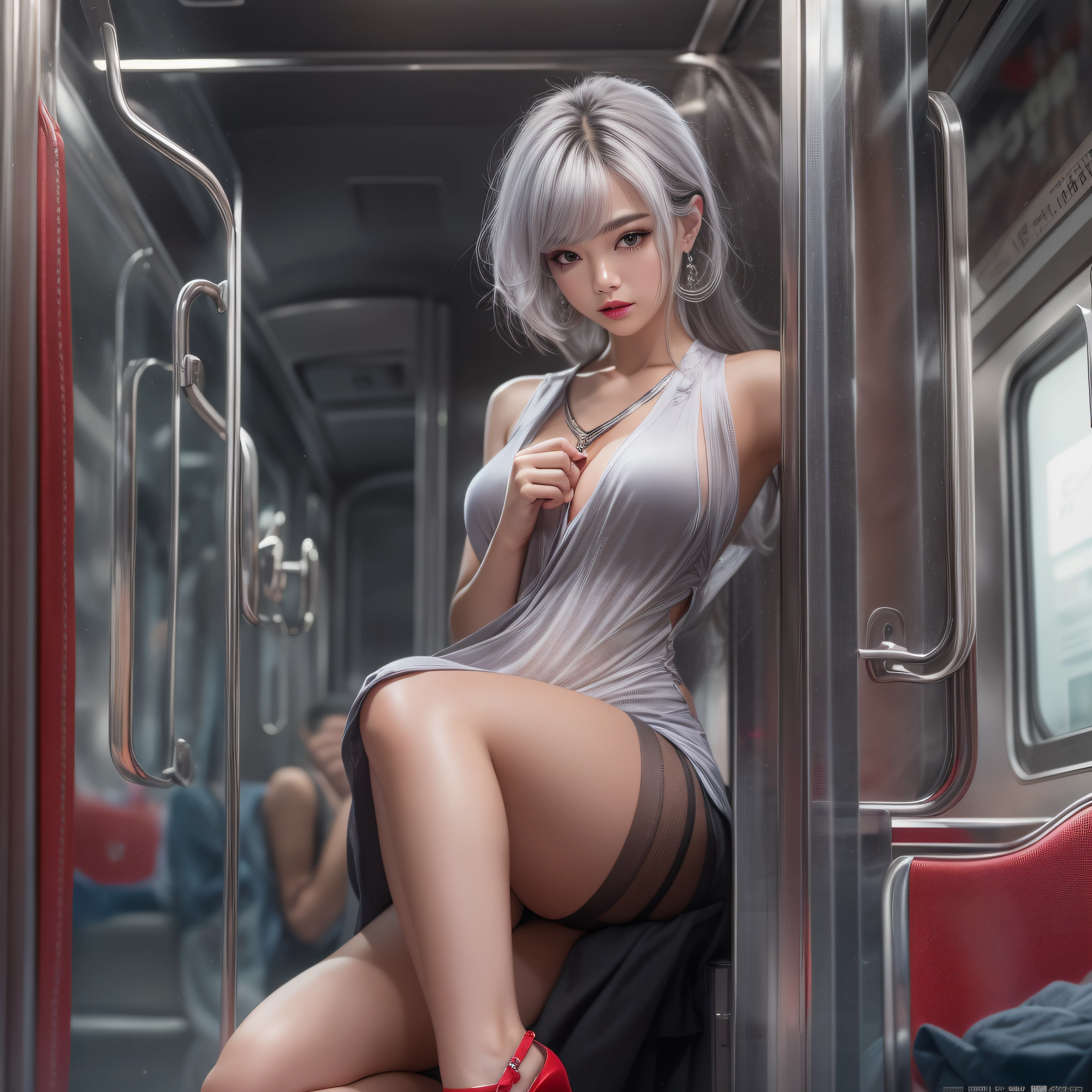full-body portraits, photograph realistic, A beautiful Chinese mother, Adult video actress, In crowded subway cars, Get wet all over your body, Slim figure, Height 1.6m, perfect female shape, 34C breasts, Naked of breast, Slim waistline, Elongated legs, 28-inch hips, Wheat-colored skin, Full forehead, Slender eyebrows, Wear red and black erotic underwear, Suspender stockings, Stiletto heels, tempting pose, silver hair, streaked hair, bangs, messy hair, straight hair, hair slicked back, medium hair, jewelry, longeyelashes, earrings, makeup, serious, expressionless, red lips, cinematic lighting, three sided view, masterpiece, textured skin, super detail, best quality, 8k
