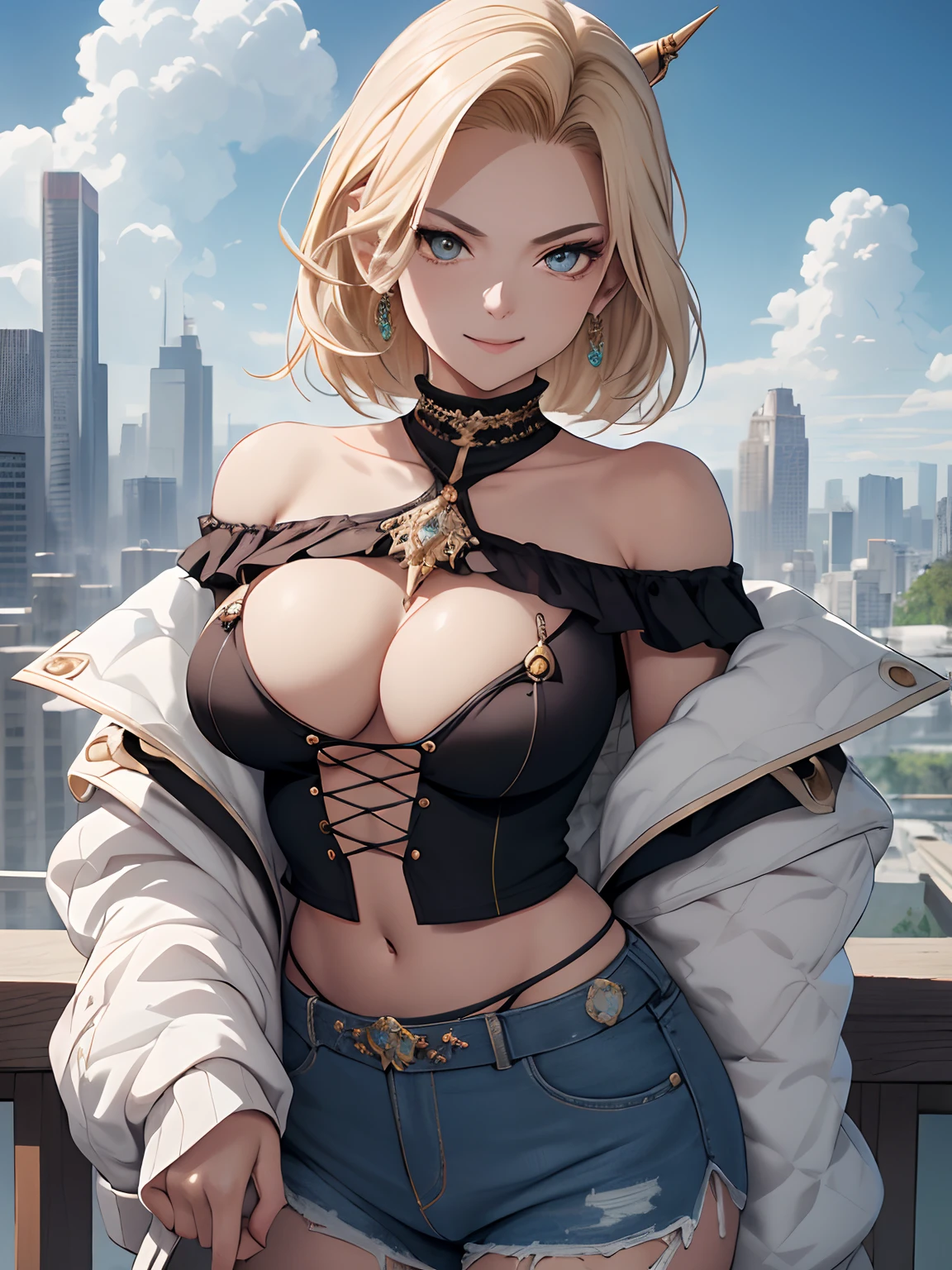 tmasterpiece, Best quality at best, ultra - detailed, absurderes, Portrait beautiful Android18DB, 独奏, 耳Nipple Ring, jewely, (Off-the-shoulder attire:1.5),cleavage, upperbody closeup,ssmile, thongs, vests, clouds, Skysky, daysies, exteriors,Denim super shorts,best qualtiy, tmasterpiece, intricately details, Tone-mapping, Sharp focus, ultra - detailed, Artstati is the trend,