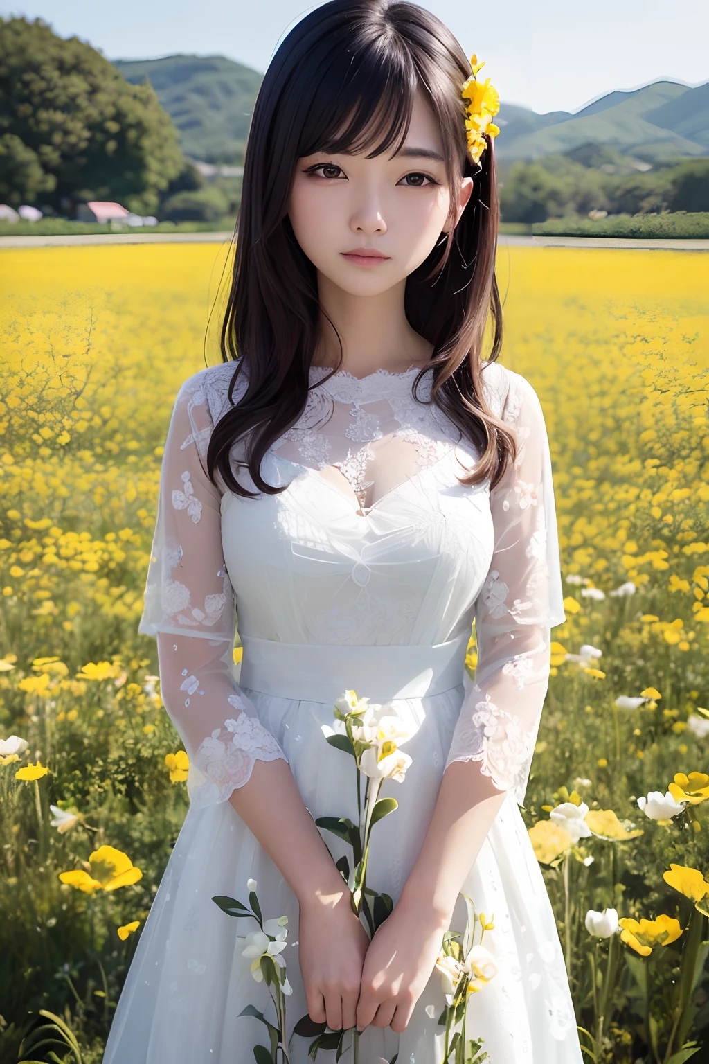 a close up of a woman in a field of flowers, beautiful young korean woman, portrait of girl in flower field, beautiful south korean woman, gorgeous young korean woman, standing in flower field, girl standing in a flower field, girl in a flower field, girl standing in flower field, girl frontal in a flower field, standing in a flower field