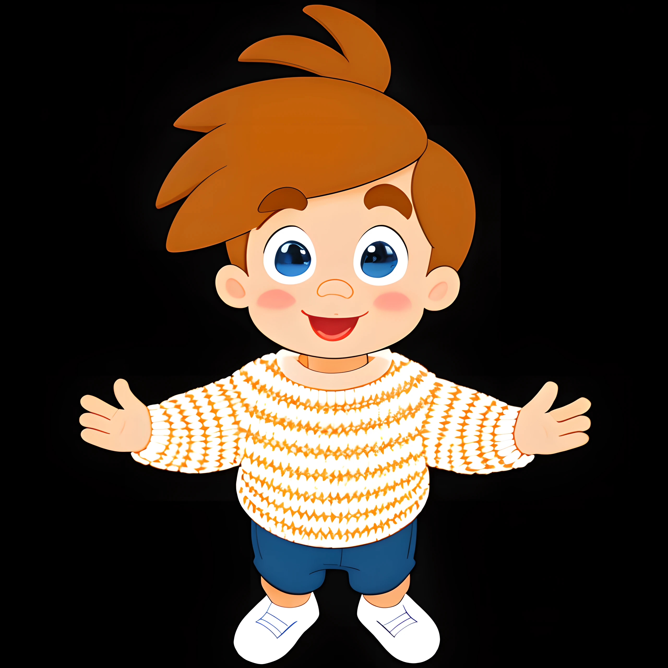 "Create a cartoon-style illustration of a cute baby wearing a knitted sweater. There should be no background, just an infinite black backdrop. Use bold black lines, keep the illustration cheerful, and maintain a flat, 2D appearance."