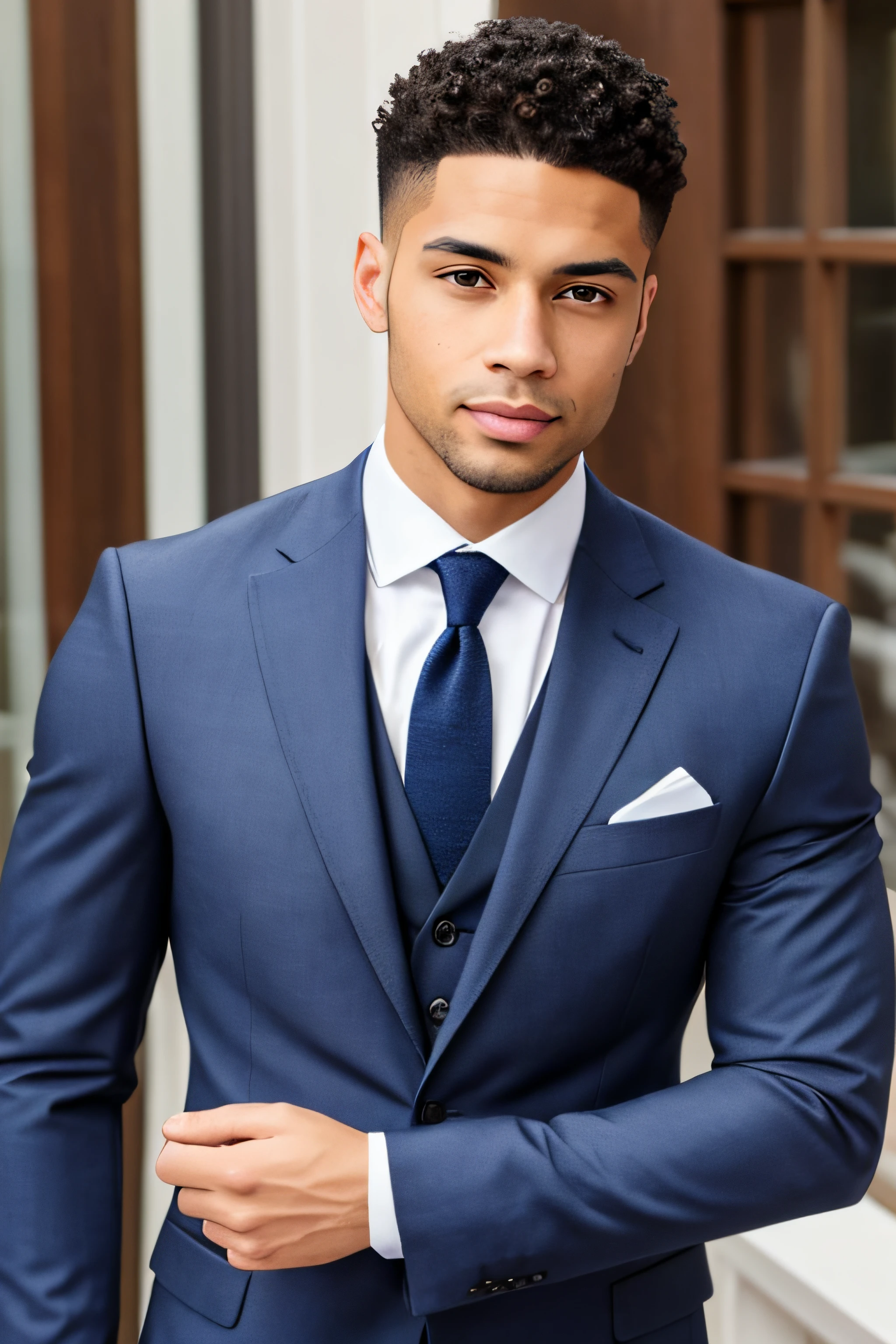 high quality handsome light skin mixed race man, wearing a navy blue suit looking at the camera