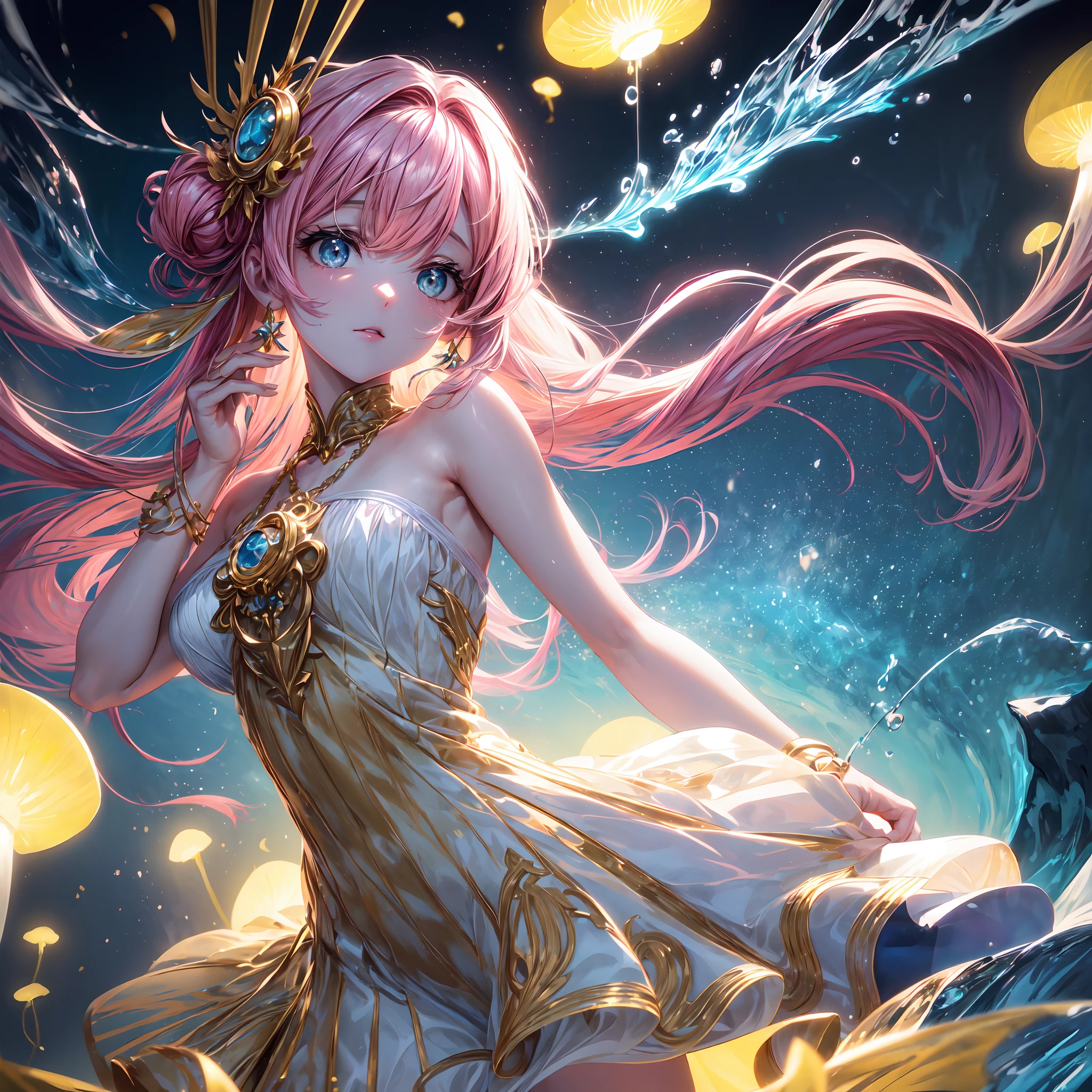 1girl,soio,apenas um,sozinho,apenas um,um personagem,(((Personagem como perspectiva principal))),(((personagem no meio))),((master part)),((best quality)),(ultra-detalhado),(illustration), (4k) (Full HD 4K) ,margem clara,Alphonse Mucha,extremamente detalhado CG unidade 8k papel de parede,((um extremamente delicado e bonito)),(Dynamic angle),An enchanted forest at night illuminated by bright mushrooms,((efeito tyndall)),(Fundo fluorescente das florestas de cogumelos),1girl,(arms behind back),(belos olhos detalhados),Olhos amarelos bonitos,Pupila dourada,rosto detalhado,parte superior do corpo,vestido branco,messy floating pink hair,((cabelos castanhos desgrenhados LONGOS)),foco,(beautiful water),rio de janeiro,Borboleta Voadora,sunlight,brilhar,Chiaroscuro,raio_rastreamento,(pintura),[[[[[[8 k artistic photography]]]]]],