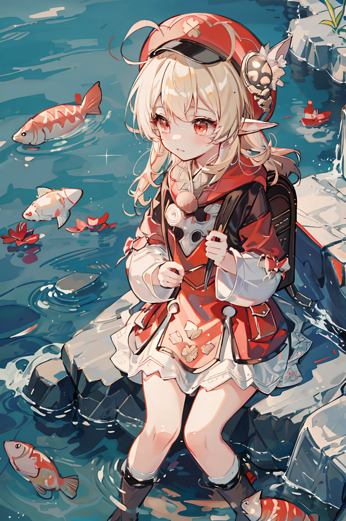 1 *********** solo, chibi, blond hair, red eyes, elf ears, red hat, red dress jacket, white lacy skirt, brown boots, backpack, happy, sitting by a lake, looking at the water, sunny day, sparkling water waves, ((fish on the water))