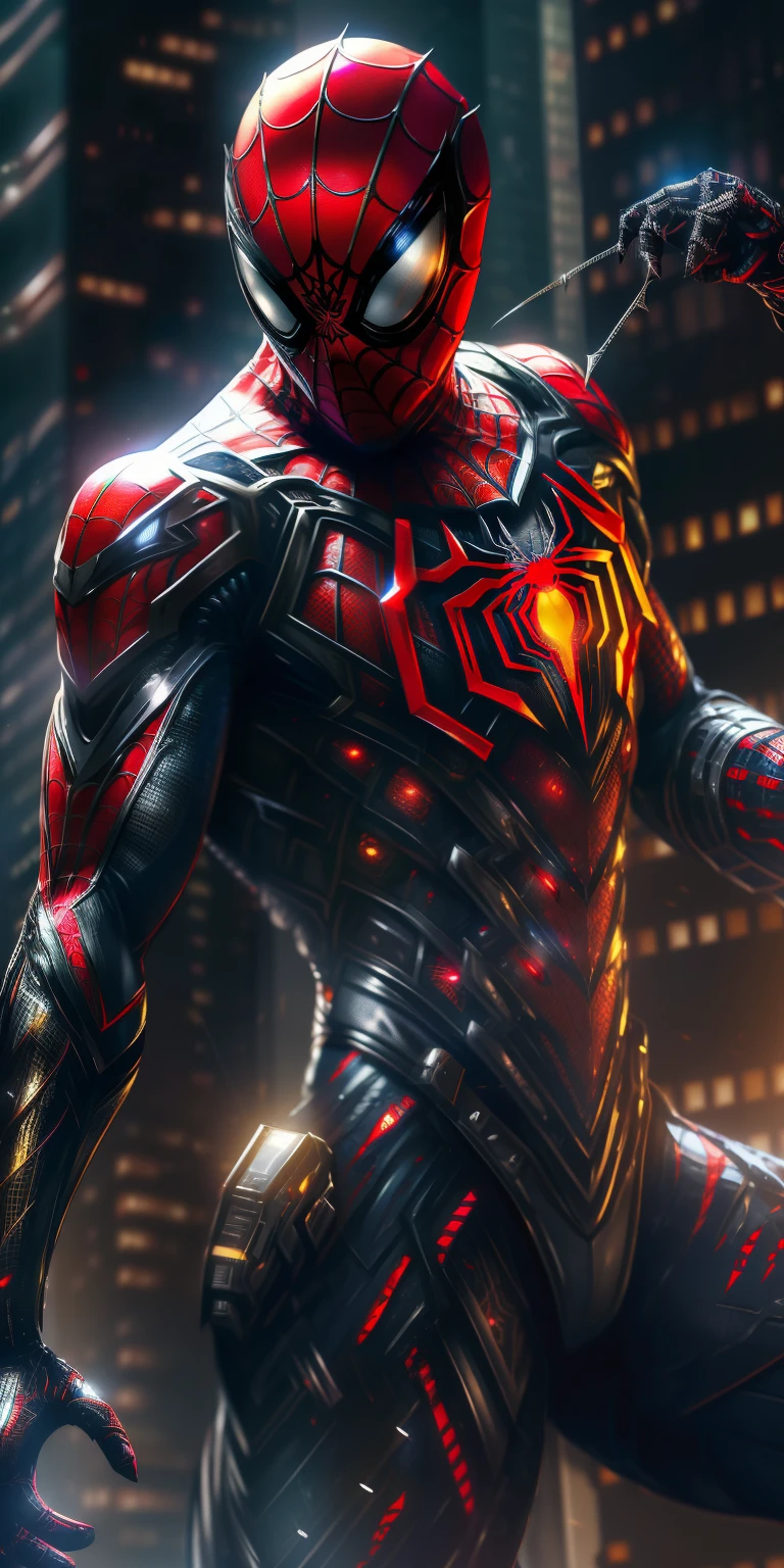 Spider-Man Cyborg" He wears a metallic mesh suit with an electronic circuit spider emblem. His mask has a digital visor and metal wings that unfold in the shape of spider legs.. Uses cobweb-triggering devices and retractable claws on his hands. Combine cyber technology with arachnid agility to fight high-tech villains.