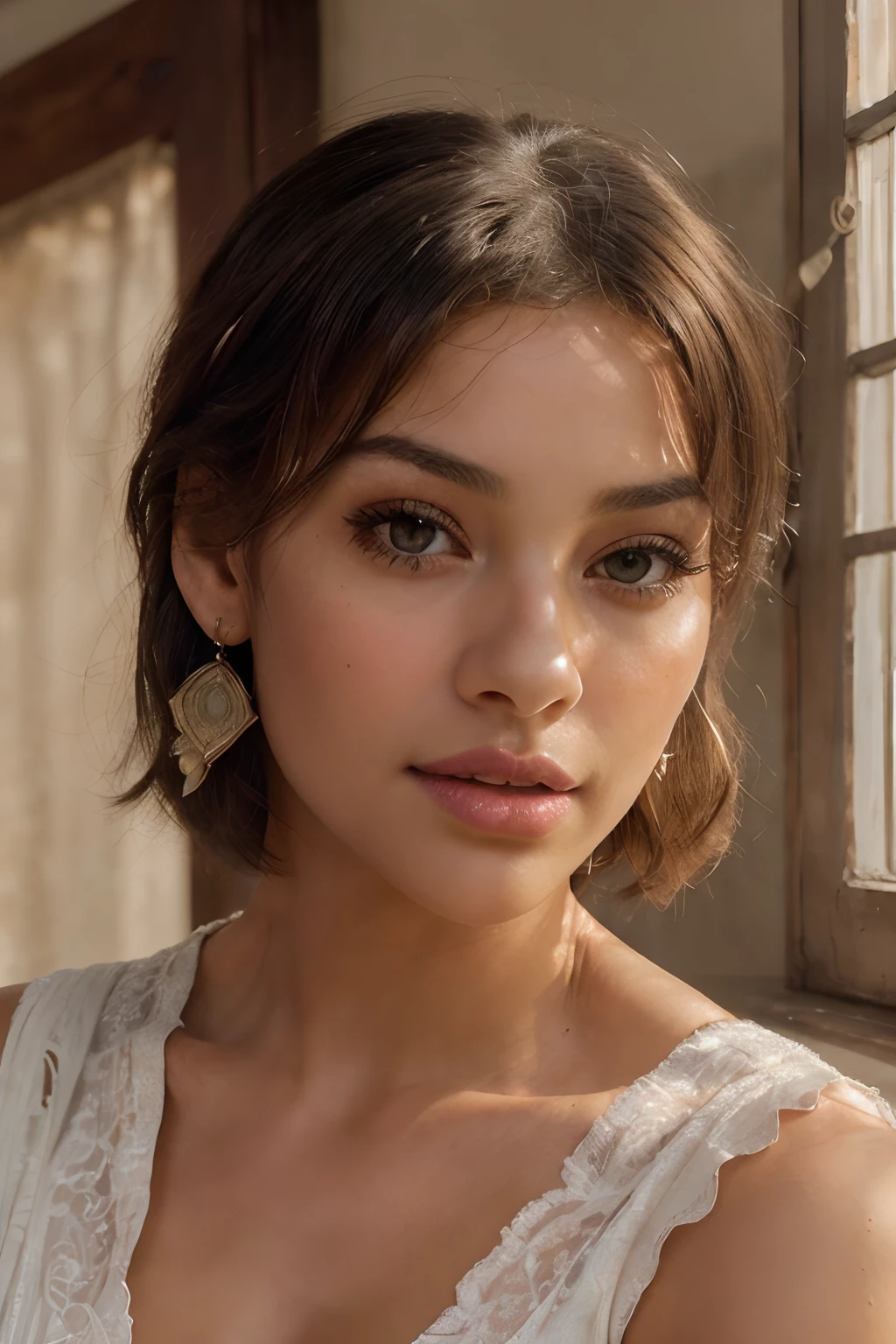1girls, 18 years old , (masterpiece, Best quality), Intricate details, realistic, photorealistic, , flawless structure, silver earrings,, Best Quality, 8K, Masterpiece:1.3)), Focus: 1.2, Perfect Body Beauty: 1.4, Hips: 1.2, , High Detail Facial and Skin Texture, Thin Eyes, Double Eyelids, , Smile, short hair dressed