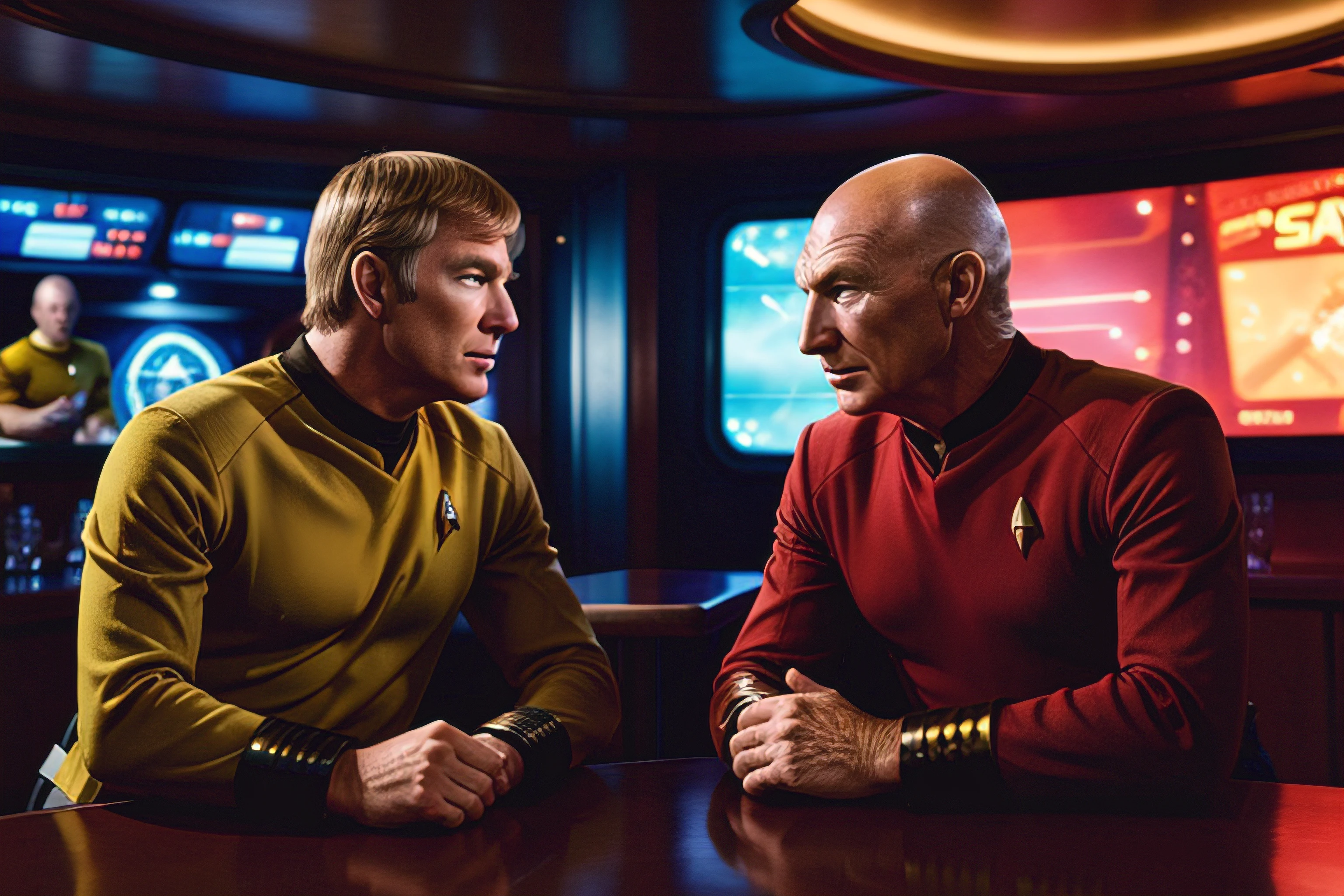 photo of ((Captain Kirk)) and Captain Picard talking in a bar on a space-station, sitting, crowd, dynamic lighting, detailed, high quality, high resolution, 8k, high saturation