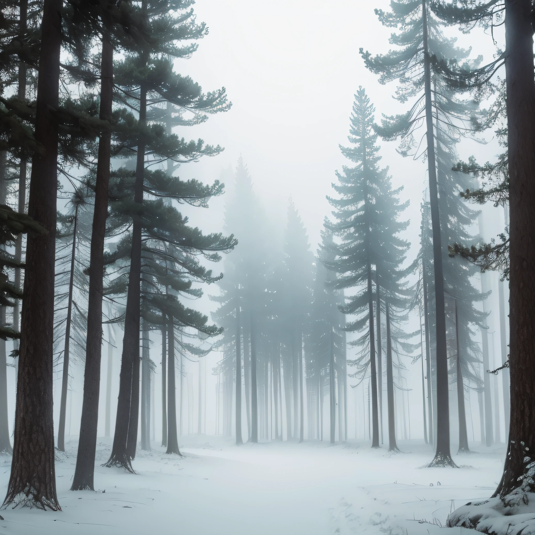 misty forest in the distance with white sky